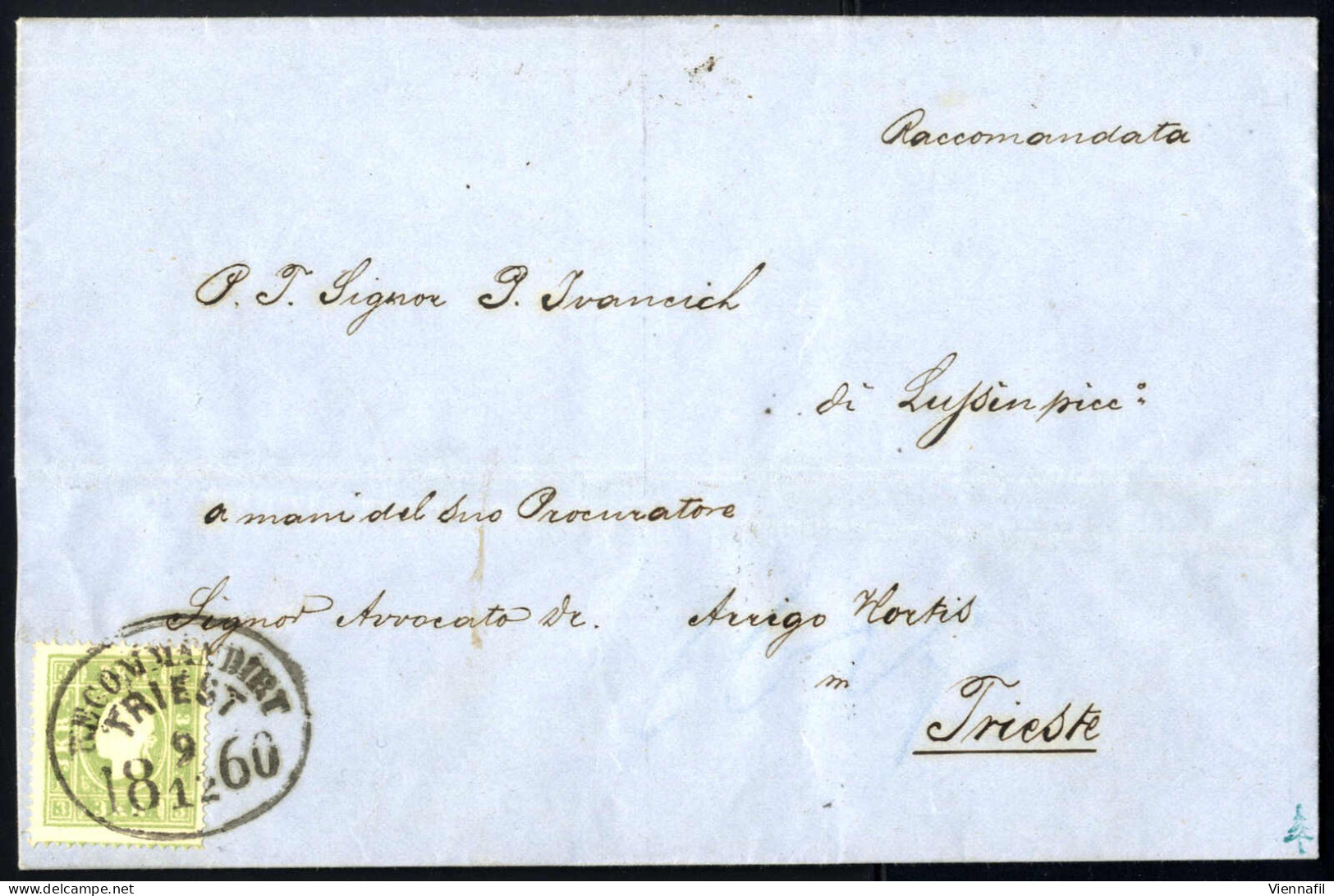 Cover 1860, Eingeschriebener Ortsbrief Von Triest Am 9.12. Frankiert Mit 3 Kr. Grün Und Rückseitig 5 Kr Rot (gerissen),  - Other & Unclassified
