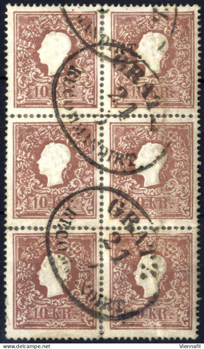 O/bof 1860, 10 Kr. Braun In Type I, Sechserblock, Zähnung Mit Falzen überall Gestützt Da überwiegend Angetrennt, Senkrec - Sonstige & Ohne Zuordnung