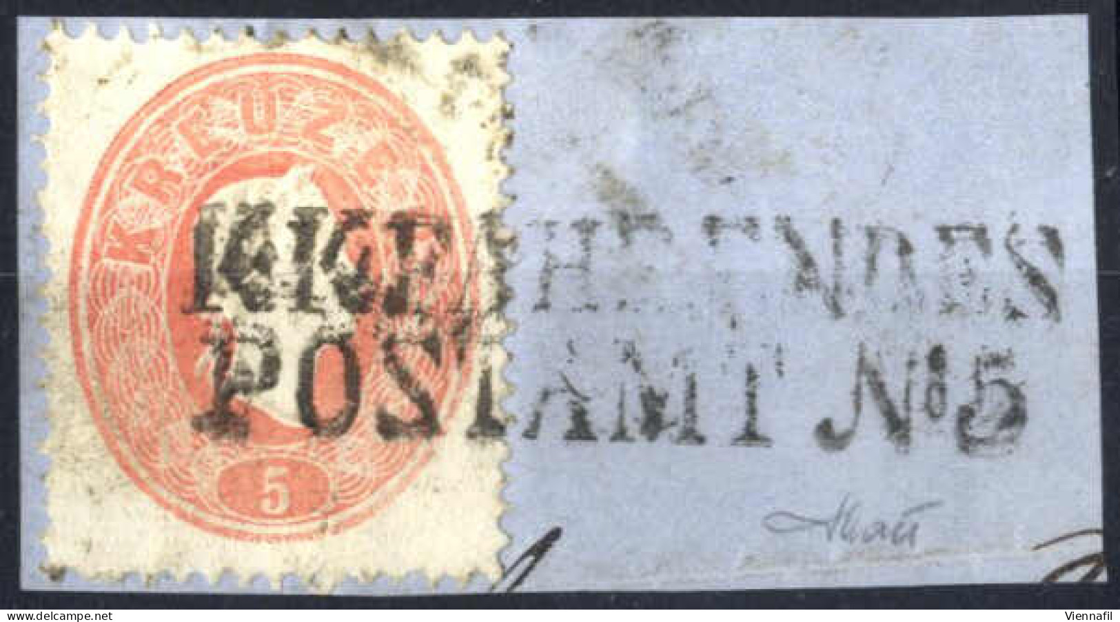 Piece 1860, Briefstück Frankiert Mit 5 Kr. Rot Entwertet Mit "K.K. Fahrendes Postamt N° 5" Müller 420 Punkte, Signiert M - Sonstige & Ohne Zuordnung