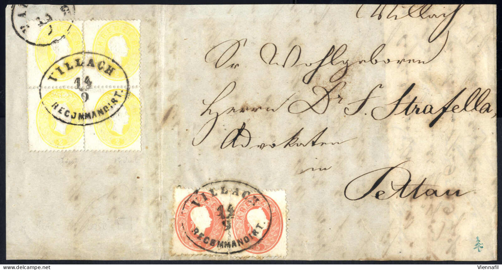 Cover 1860, Nicht Kompletter Eingeschriebener Brief Von Villach Am 14.9. Nach Pettau Frankiert Mit Zwei 5 Kr. Rot Und Rü - Sonstige & Ohne Zuordnung