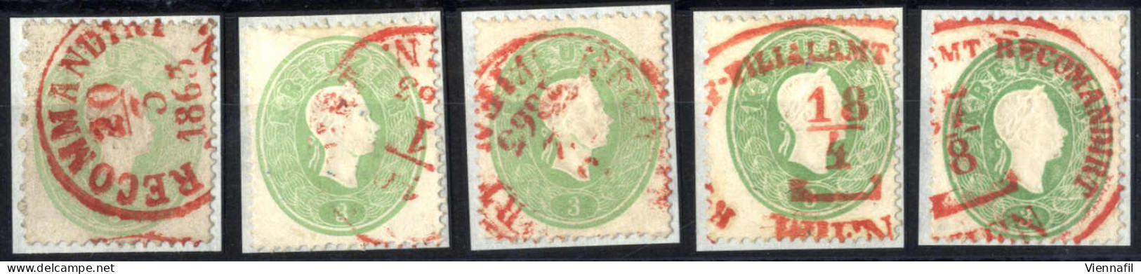 O 1860, 3 Kr. Grün In Unterschiedlichen Farbnuancen, Alle Fünf Exemplare Mit Rotstempel Entwertet, ANK 19a / 700,- - Other & Unclassified