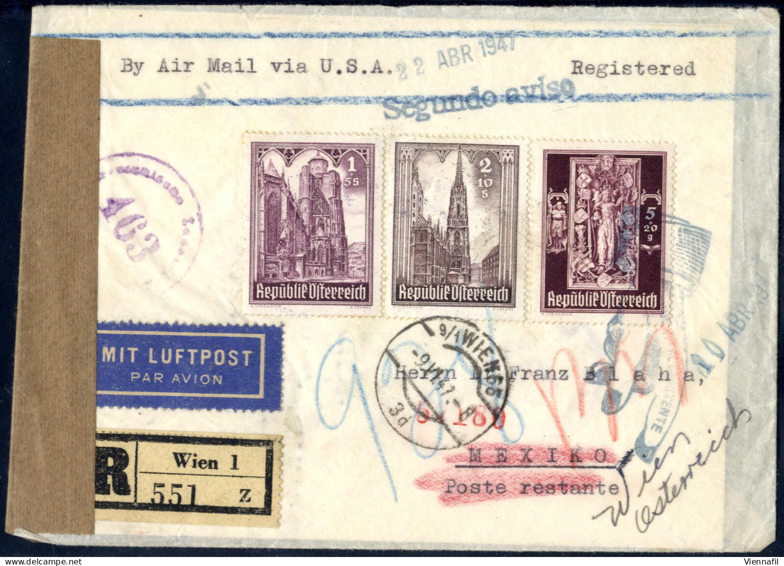 Cover 1947, Eingeschriebener Luftpostbrief Von Wien 66 Am 9.4. Nach Mexiko Frankiert Mit Stephansdom 5 Gr Und 1+2 S, Por - Other & Unclassified