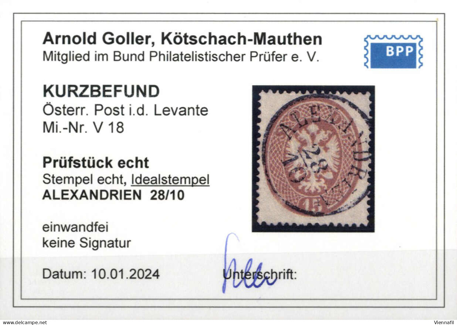 O 1863, ALEXANDRIEN 28/10, Einkreisstempel Auf 15 Soldi, Befund Goller, Kat. Nr. V18 - Oostenrijkse Levant