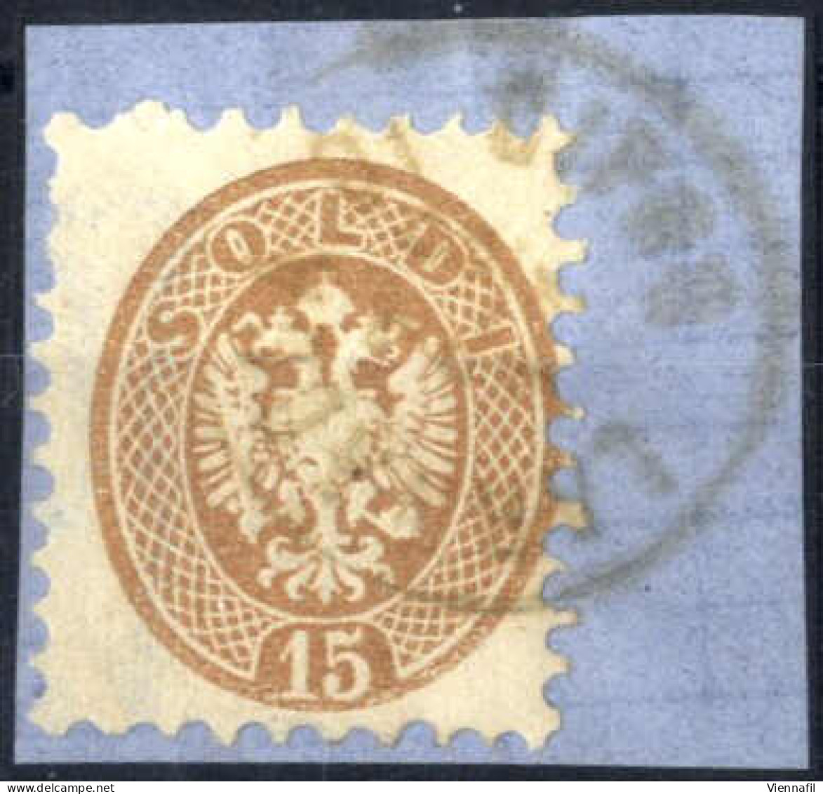 Piece 1863, LARNACA DI CIPRO 31/10, Bränlicher Einkreisstempel Auf 15 Soldi, Befund Goller, Kat. Nr. V23 Mit WZ - Levant Autrichien