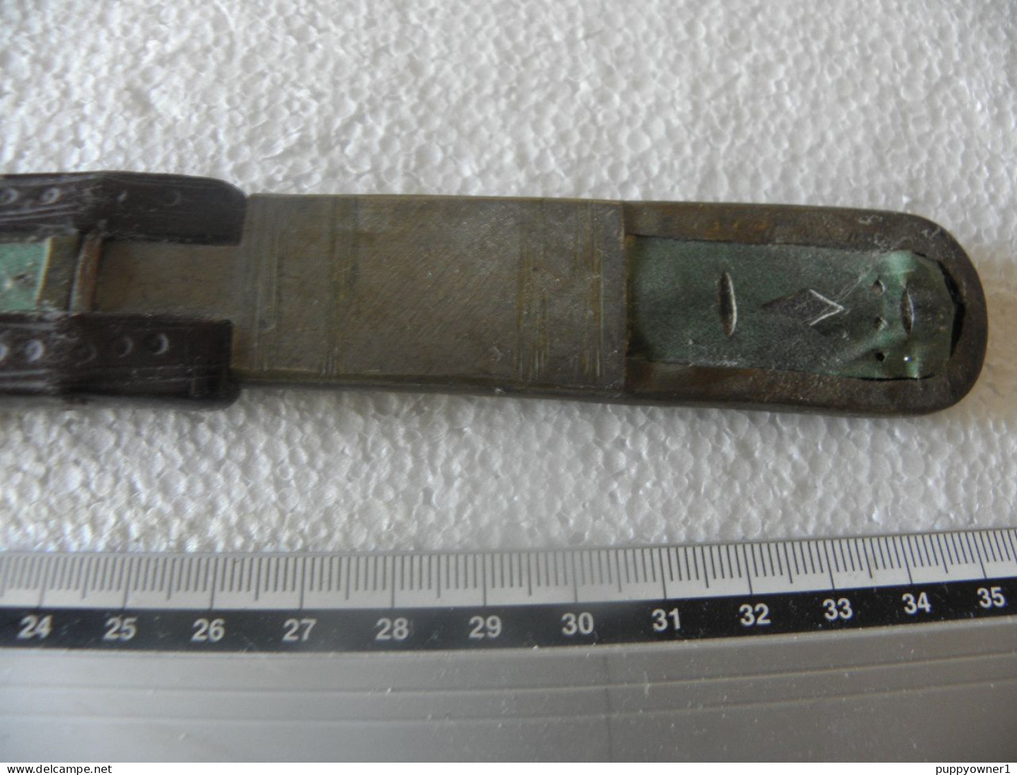 Antique Poignard Couteau Arabe Laiton Bois Et Acier Damas Lame 23 Cm - Decotatieve Wapens