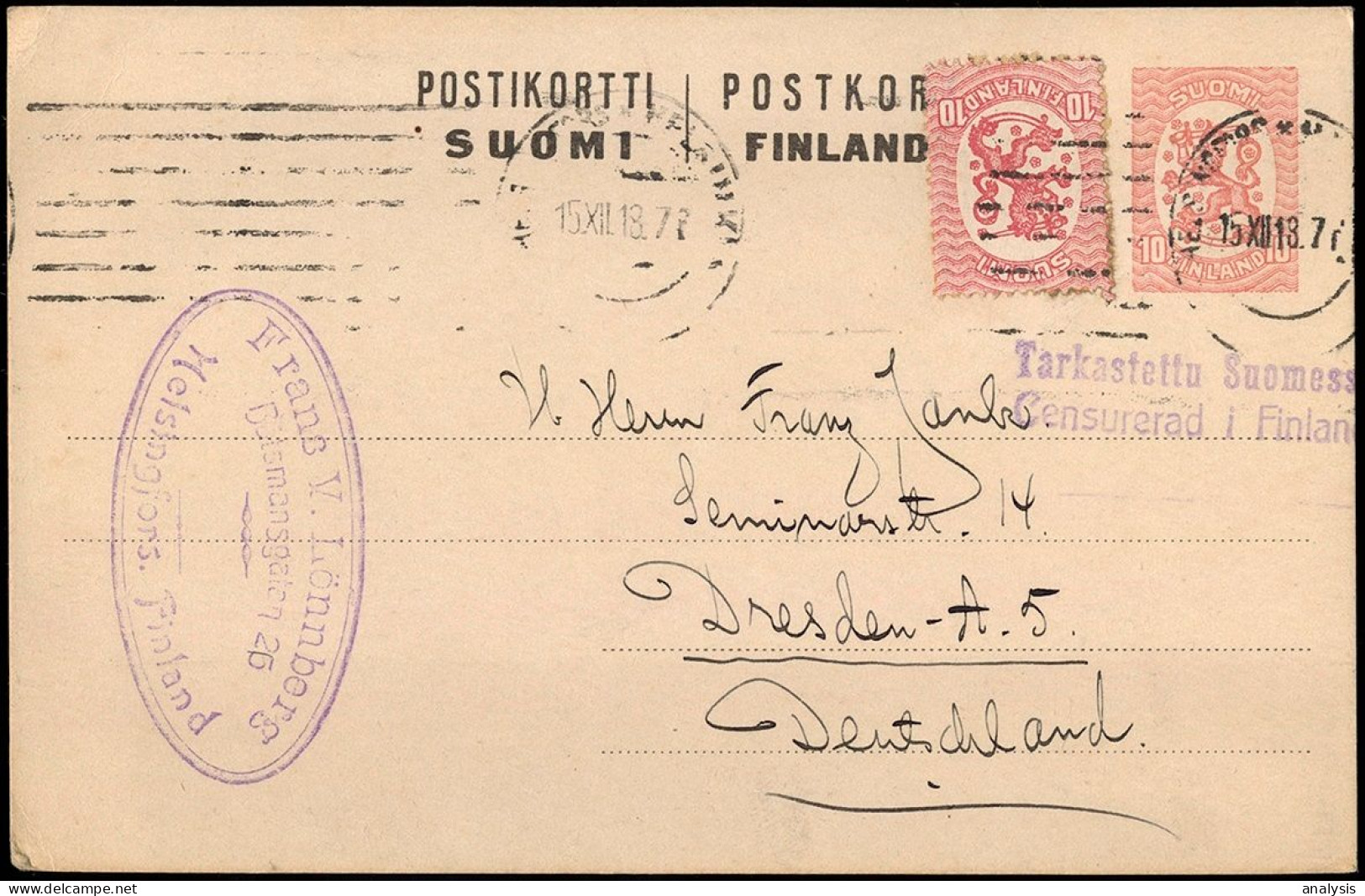 Finland Helsinki Uprated 10P Postal Stationery Card Mailed To Germany 1918 Censor - Covers & Documents