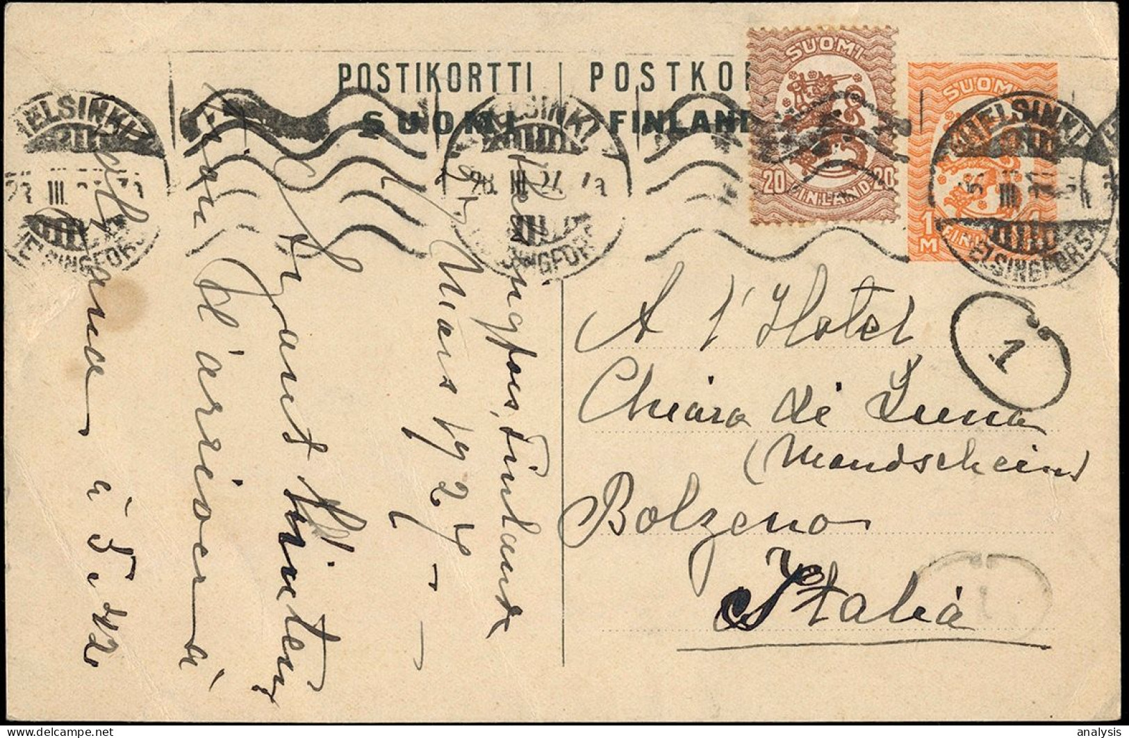 Finland Helsinki Uprated 1M Postal Stationery Card Mailed To Italy Bolzano 1927 - Cartas & Documentos