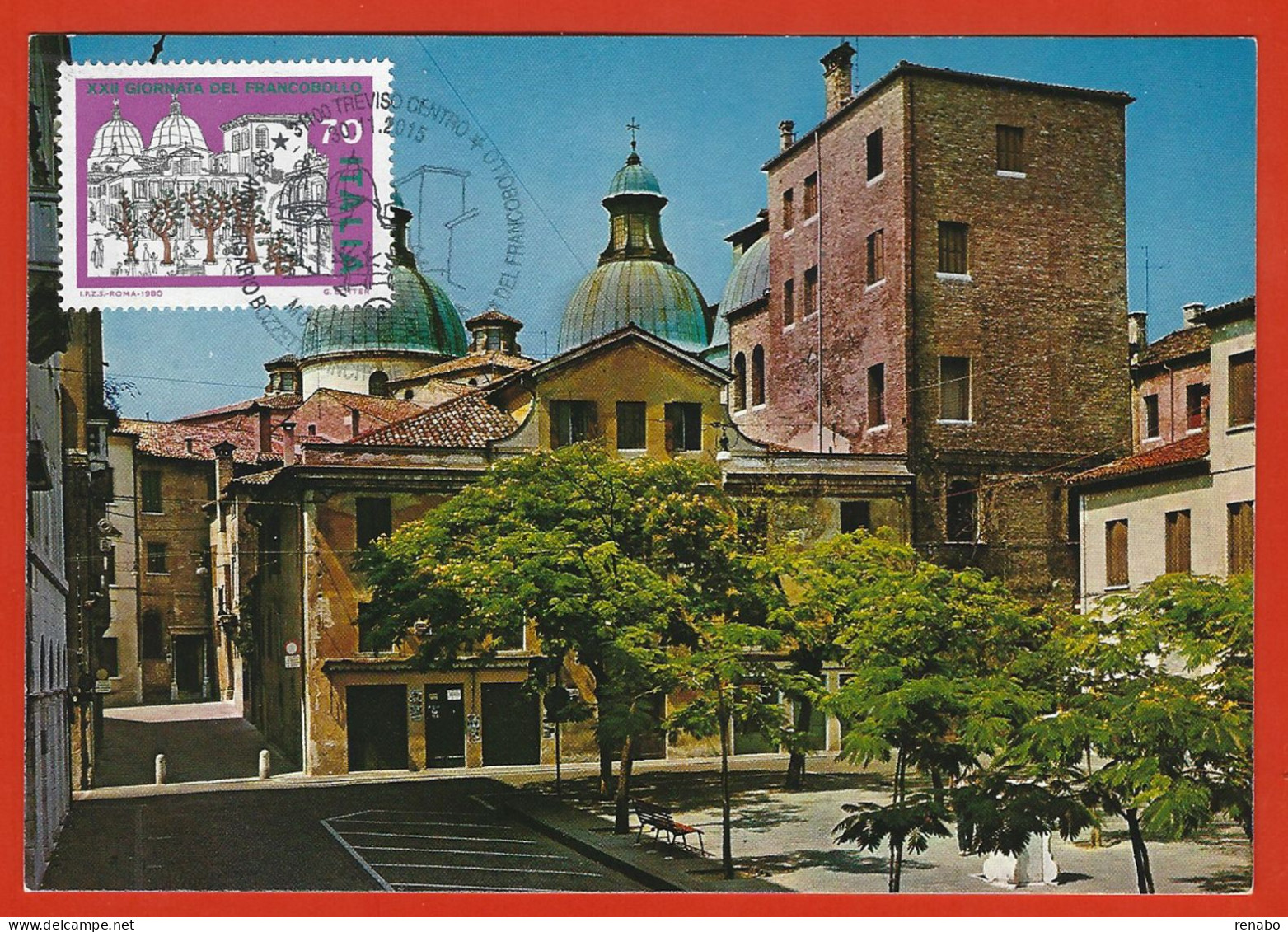 Italia 2015; Maximum Card, Piazza Pola A Treviso In: Giornata Francobollo 1980, In Cartolina, Annullo Speciale. - Cartes-Maximum (CM)