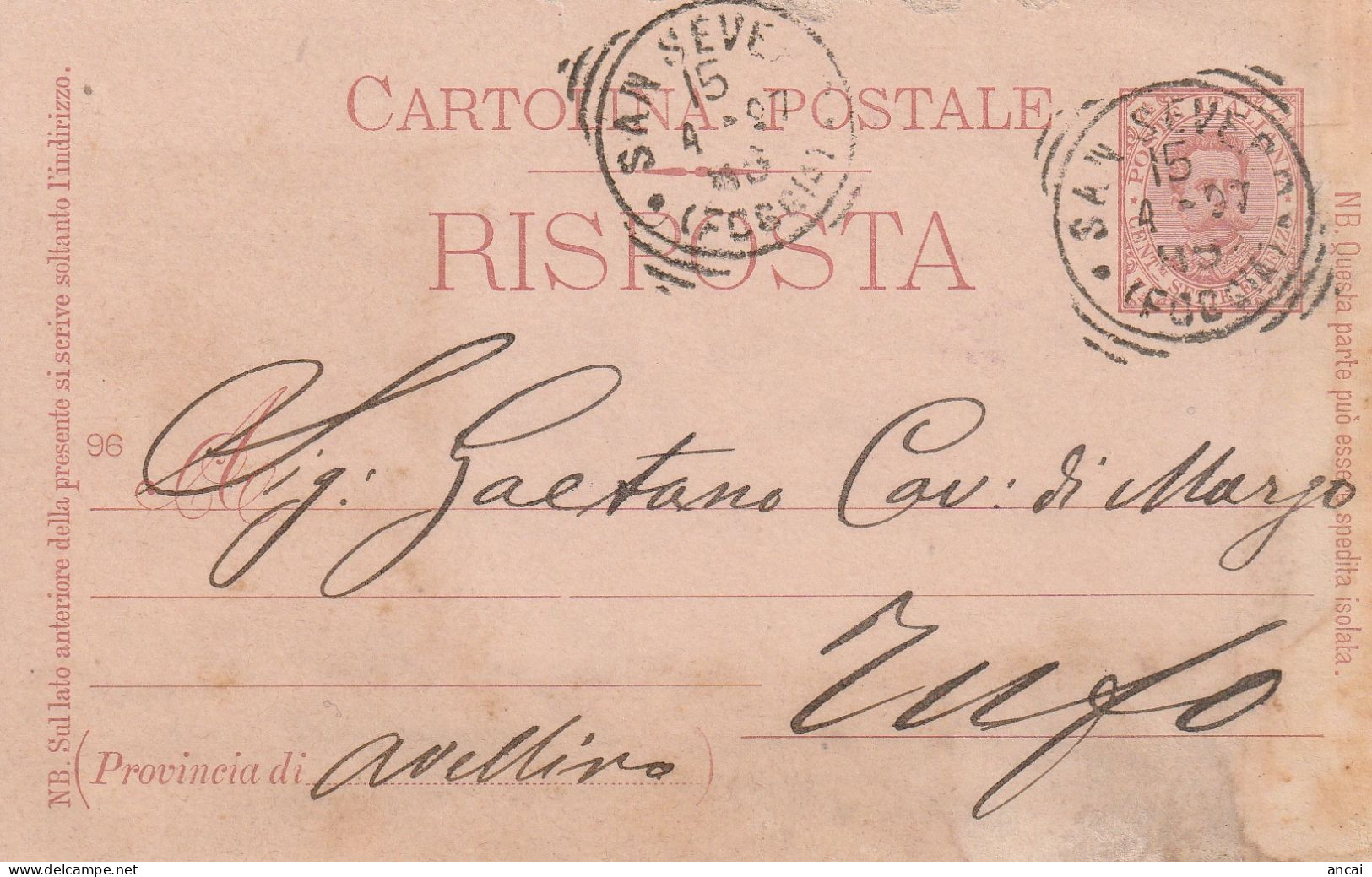 Italy. A211. San Severo. 1897. Annullo Tondo Riquadrato SAN SEVERO (FOGGIA), Su Cartolina Postale - RISPOSTA - Marcophilia