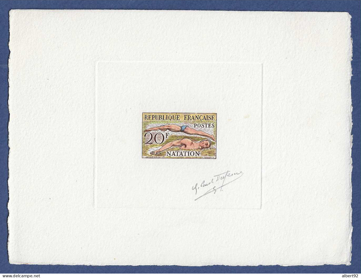 1954 France Yvert 960 (Scott 700) Artist Proof Trial Color (multicolor) Signed By Dufresnes:or Jeux Olympiques Helsinski - Artist Proofs