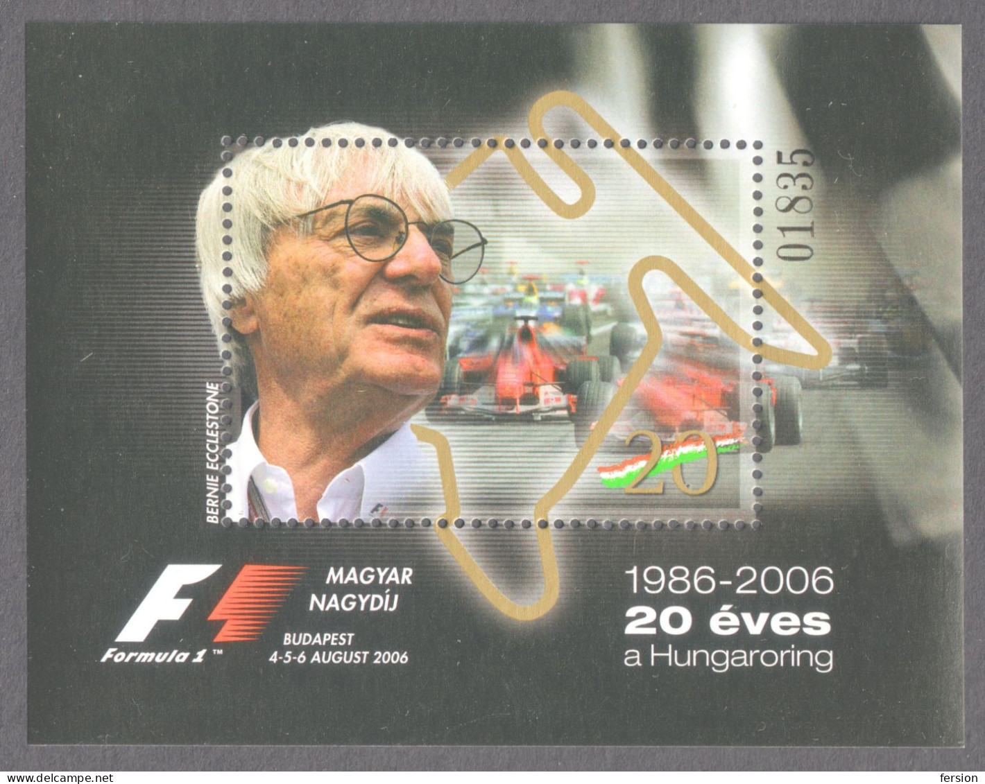 2006 Hungary Grand Prix 20th Anniv Formula 1 F1 HUNGARORING Bernie Ecclestone FERRARI Philatelist Memorial Sheet - RRR! - Auto's