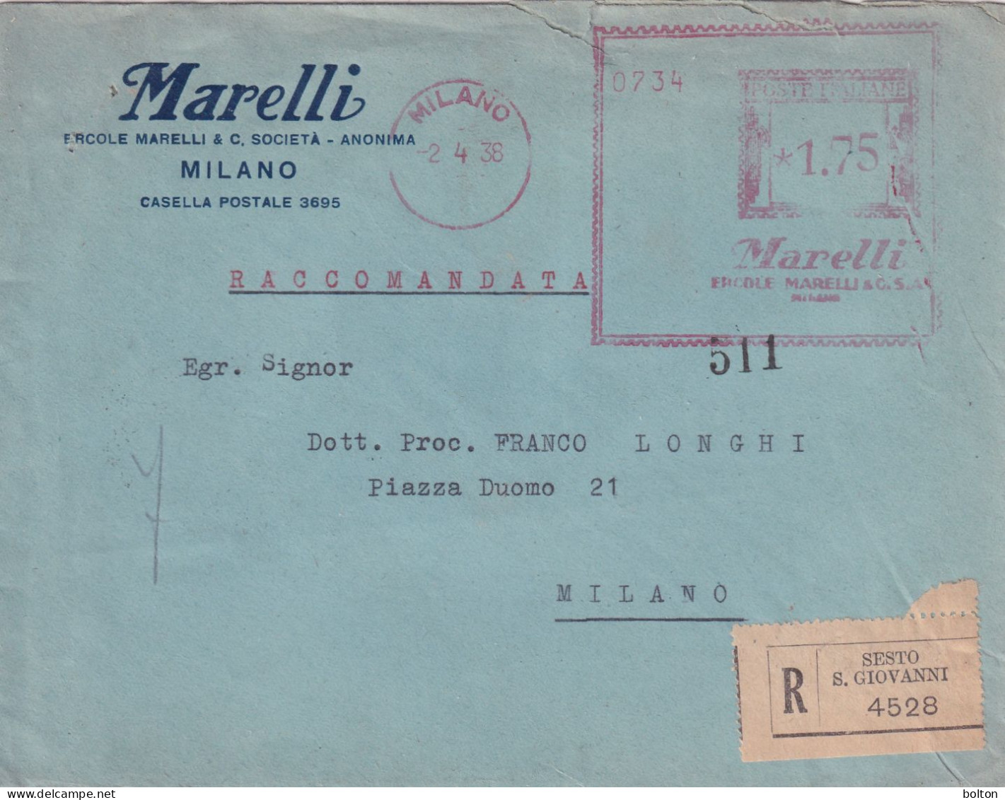1938  Affrancatura Meccanica Rossa EMA  ERCOLE  MARELLI MILANO Raccomandata - 1961-70: Marcophilia