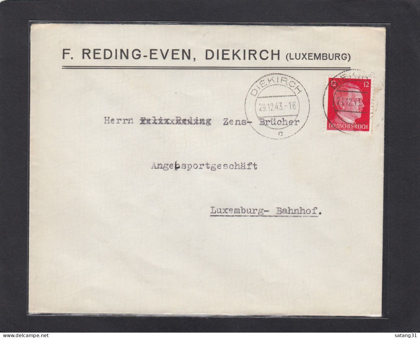 BRIEF AUS DIEKIRCH AN  ANGELSPORTGESCHÄFT IN LUXEMBURG-BAHNHOF,1943. - 1940-1944 German Occupation