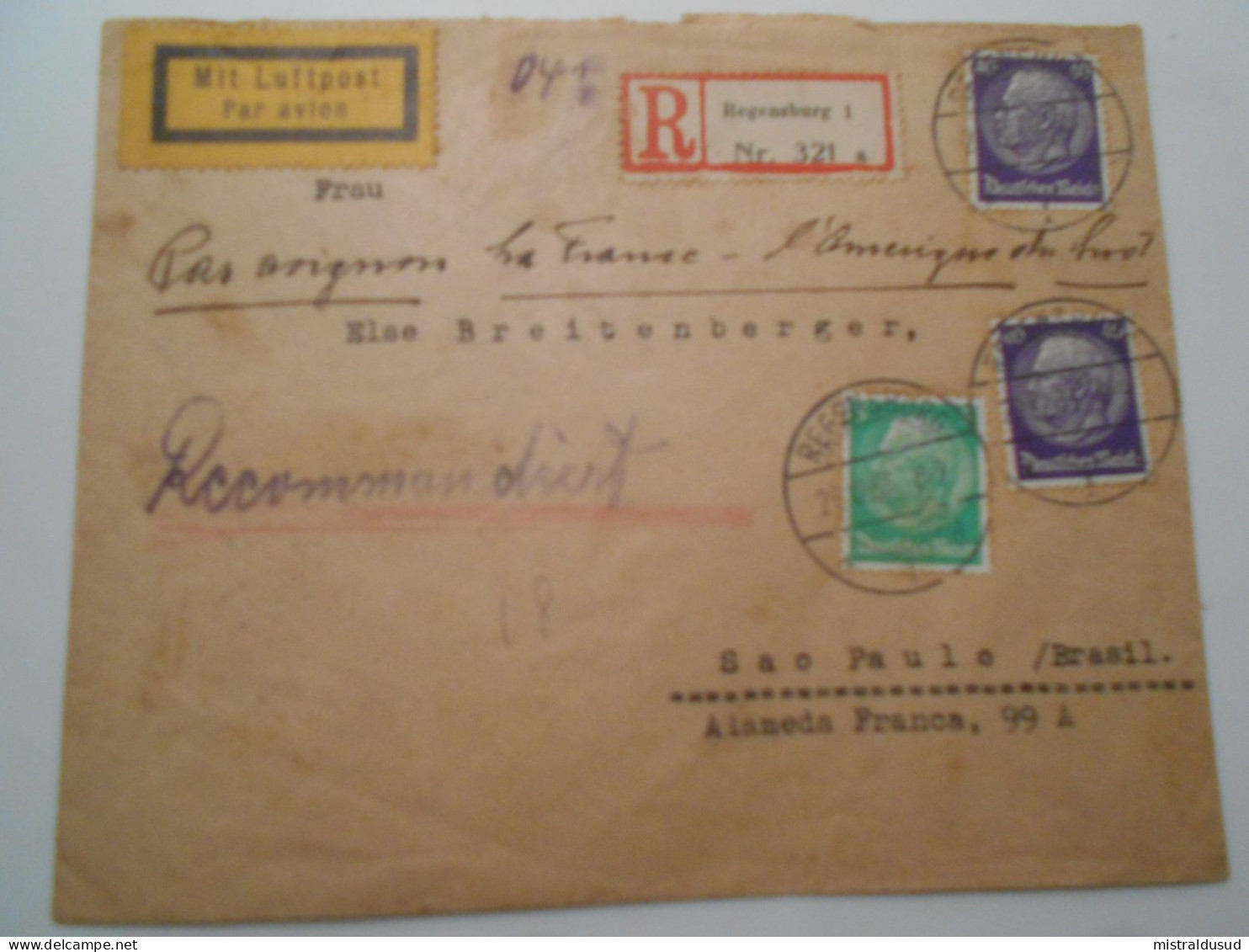Allemagne Troisieme Reiçh  Poste Aerienne , Lettre Reçommandee De Regensburg 1933 Pour Sao Paulo - Correo Aéreo & Zeppelin