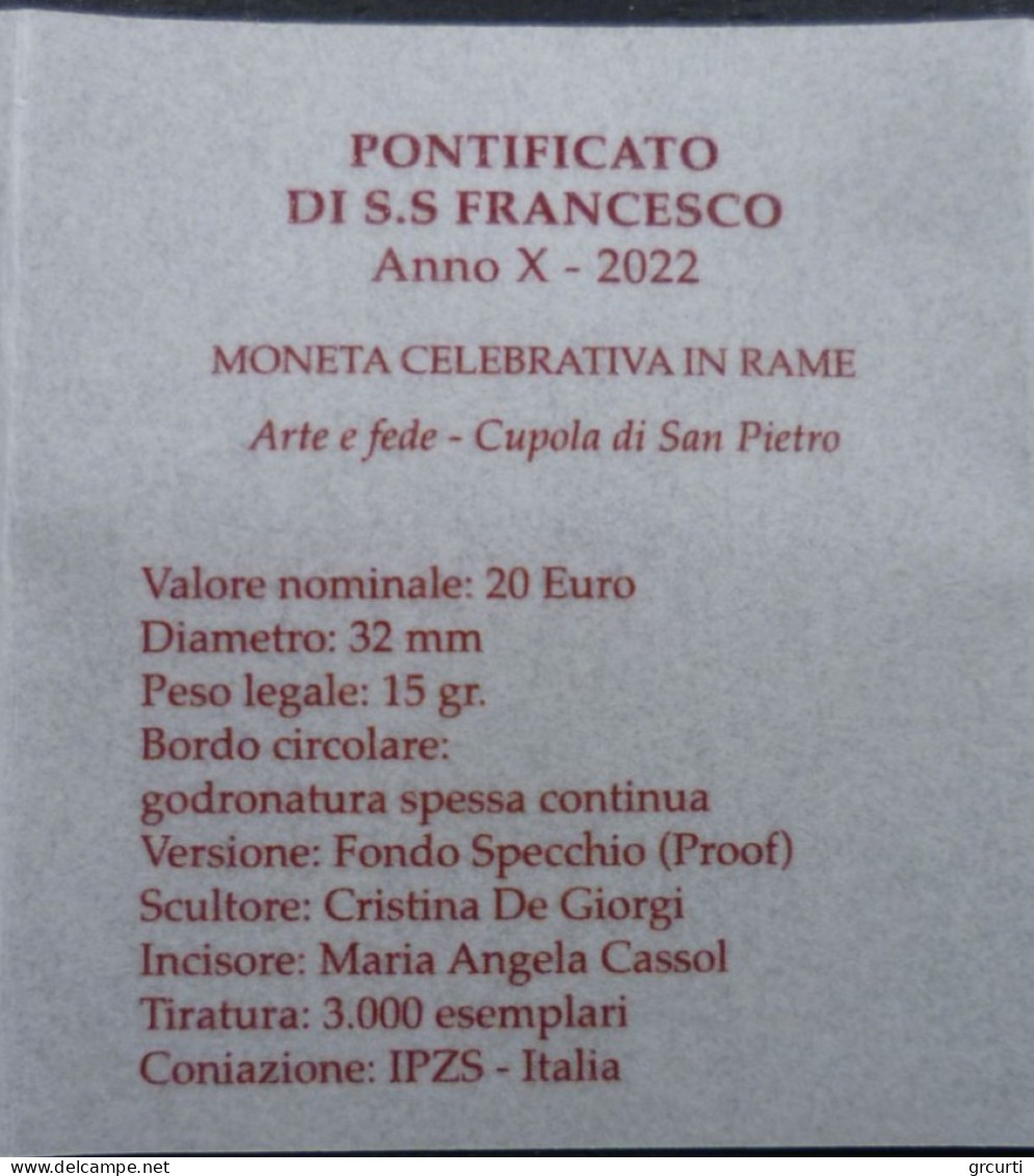 Vaticano - 20 Euro 2022 - Arte E Fede: Cupola Di San Pietro - UC# 283 - Vaticaanstad