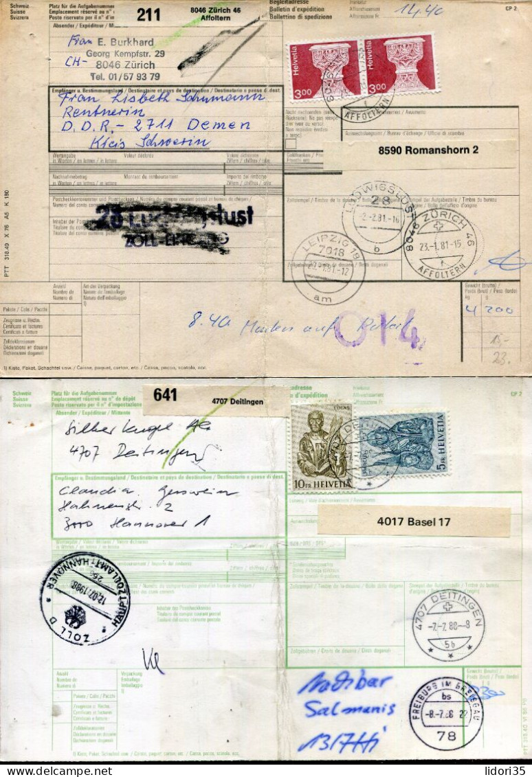 "SCHWEIZ" 1981 Ff., 2 Auslandspaketkarten Nach Deutschland, Frankaturen ! (L1237) - Lettres & Documents