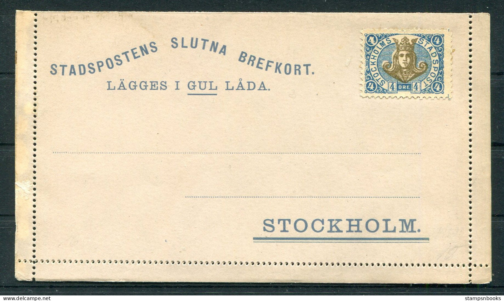 Sweden Stadspostens Slutna Brefkort, Stcokholm Loval Post Lettercard Stationery - Ortsausgaben
