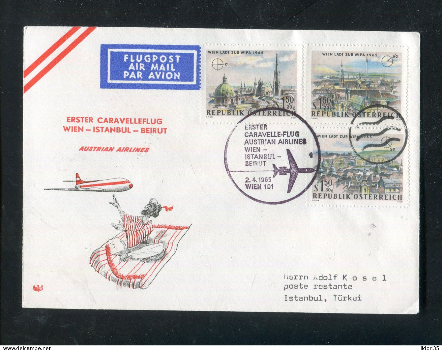 "OESTERREICH" 1965, AUA-Caravelle-Erstflugbrief "Wien-Istanbul" (L1238) - Erst- U. Sonderflugbriefe