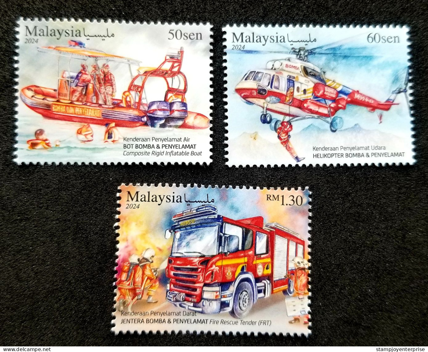 Malaysia Rescue Vehicle 2024 Helicopter Fire Engine Brigade Boat Ship Transport Firefighting Fireman (sheetlet) MNH - Maleisië (1964-...)