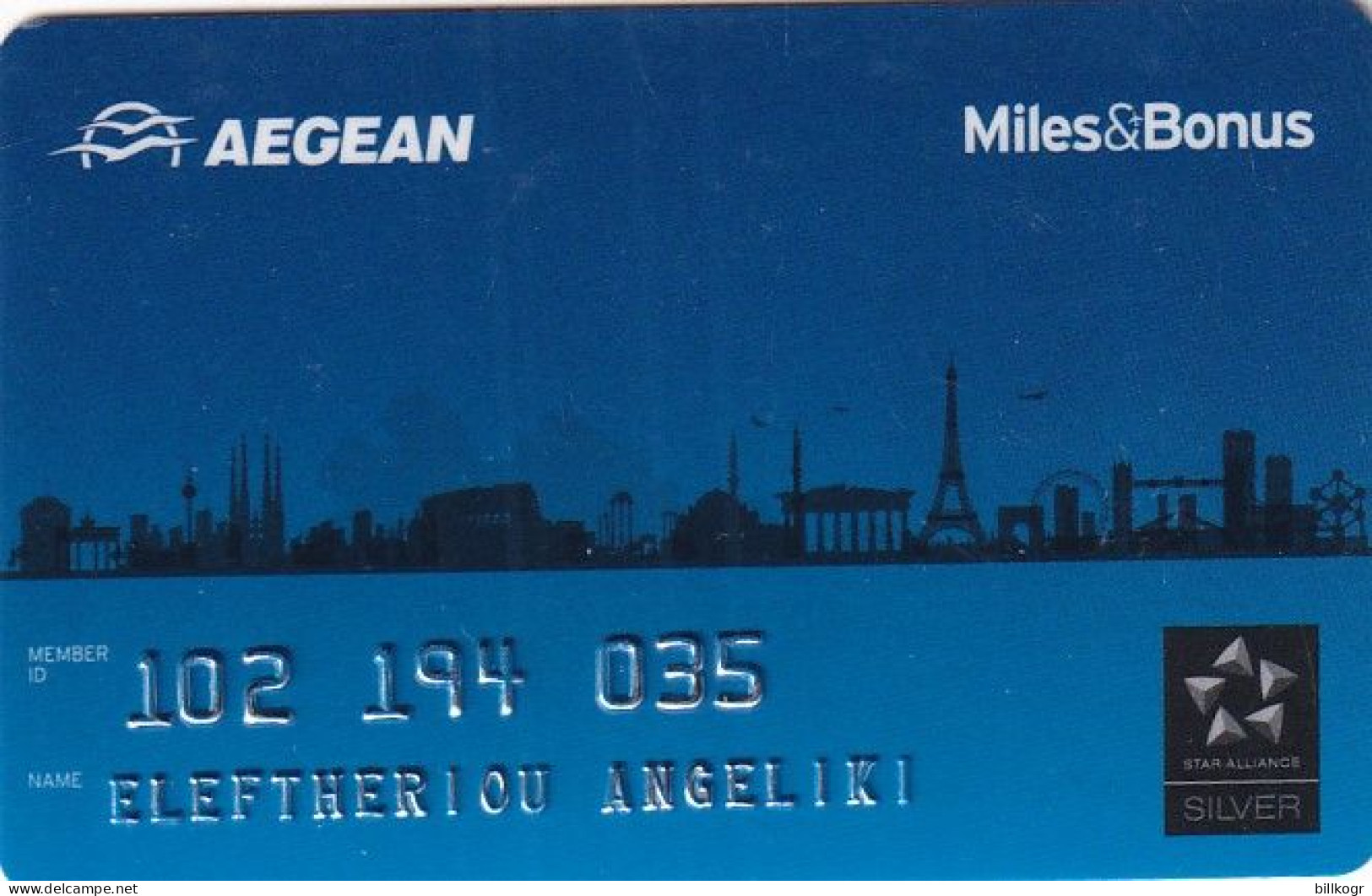 GREECE - Aegean Airlines, Magnetic Member Card, Used - Vliegtuigen