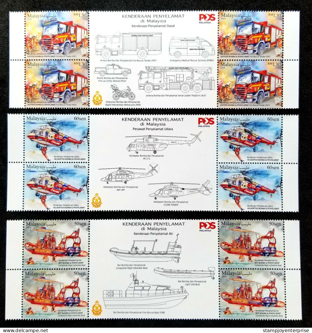 Malaysia Rescue Vehicle 2024 Helicopter Fire Engine Brigade Boat Ship Transport Firefighting Fireman (stamp Title) MNH - Malasia (1964-...)