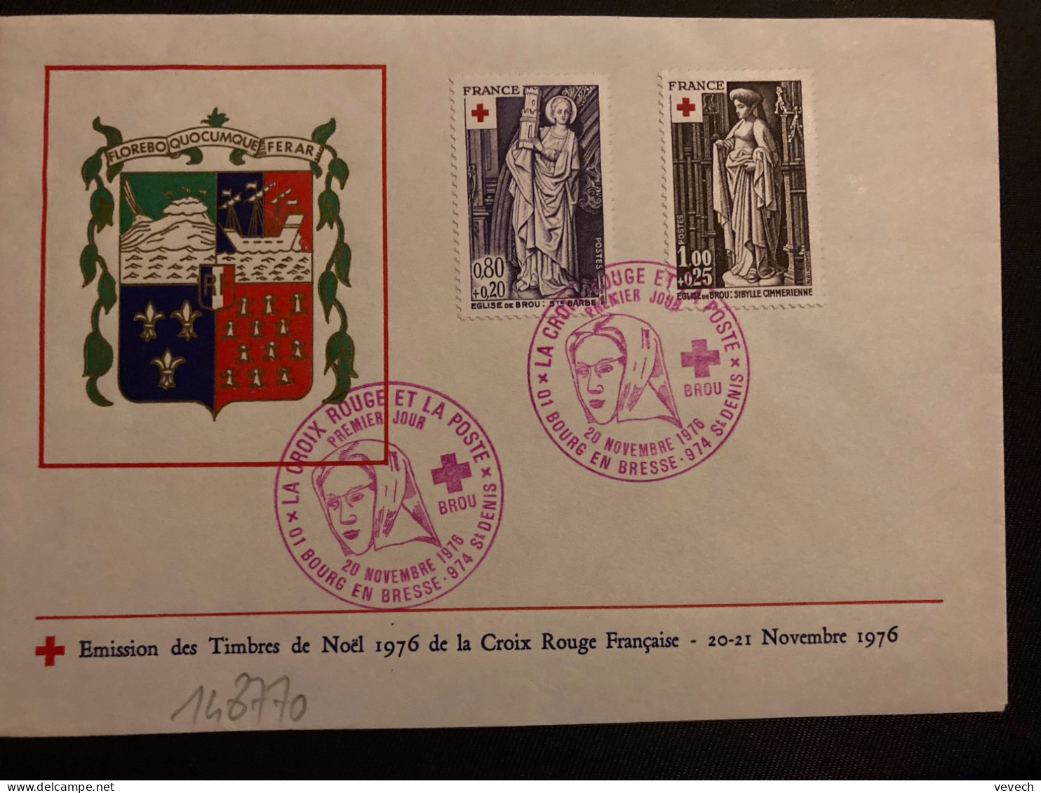 LETTRE TP CROIX-ROUGE EGLISE DE BROU 0,80+0,20 + 1,00+0,25 OBL.VIOLETTE 20 NOVEMBRE 1976 01 BOURG EN BRESSE 974 ST DENIS - Red Cross