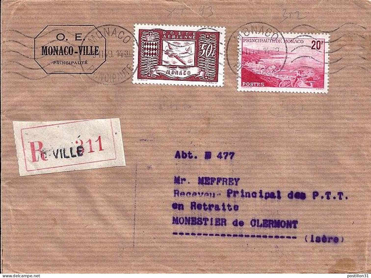 MONACO N° PA16/312 S/L.REC. DE MONACO VILLE/11.2.49 POUR FRANCE - Poste Aérienne