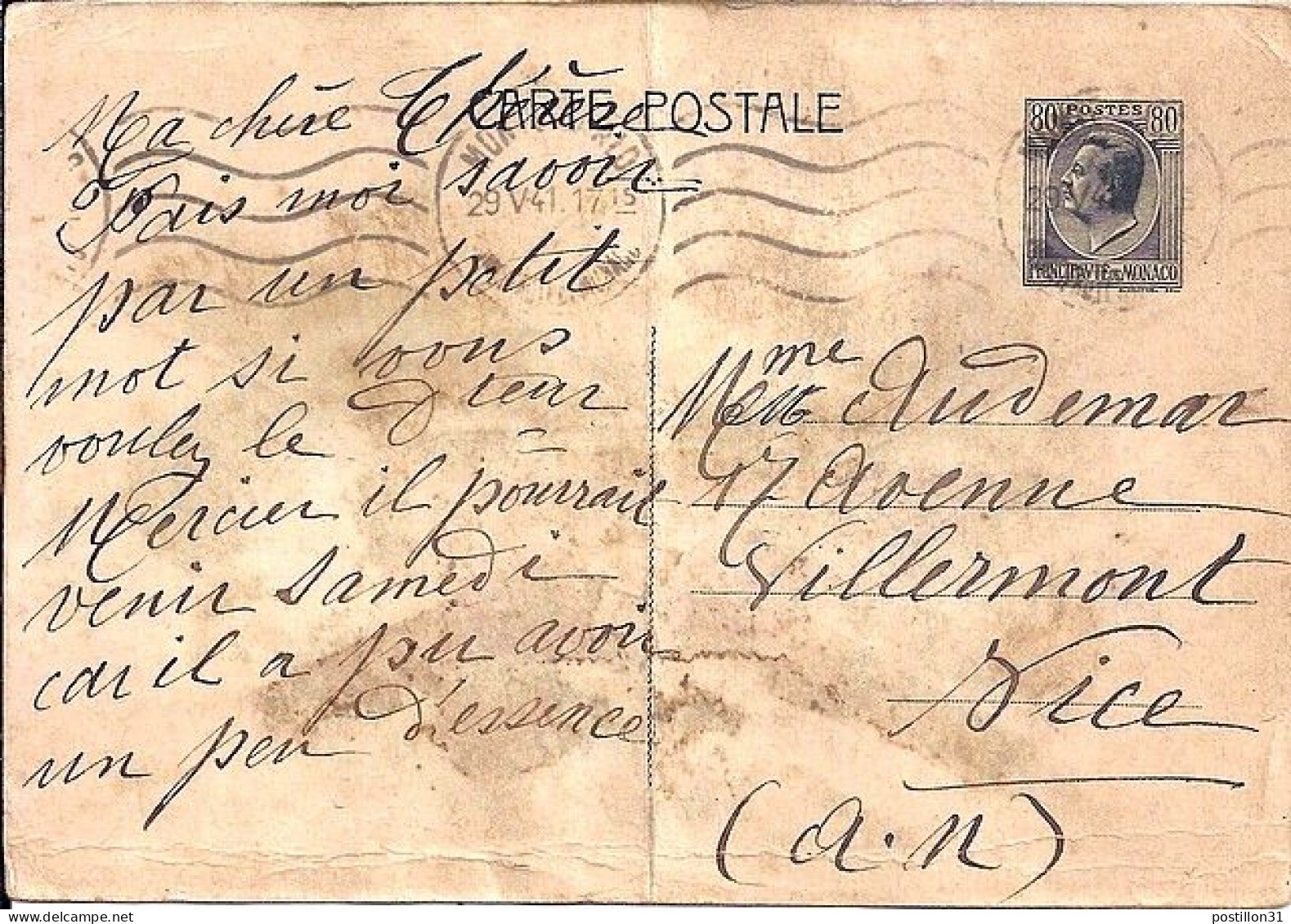 MONACO N° ENTIER CP-20 DE MONTE CARLO/29.5.41 POUR FRANCE  RARE - Interi Postali