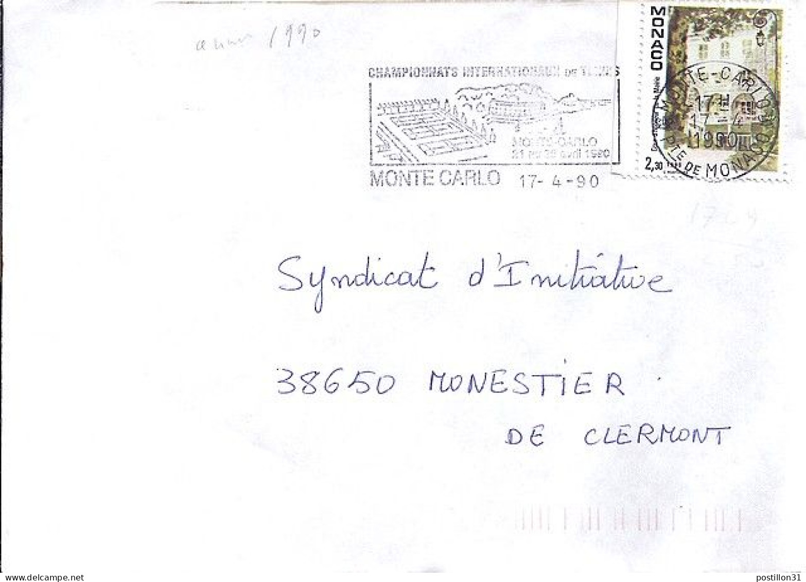 MONACO N° 1709 S/L. DE MONTE CARLO/17.4.90  POUR FRANCE - Cartas & Documentos