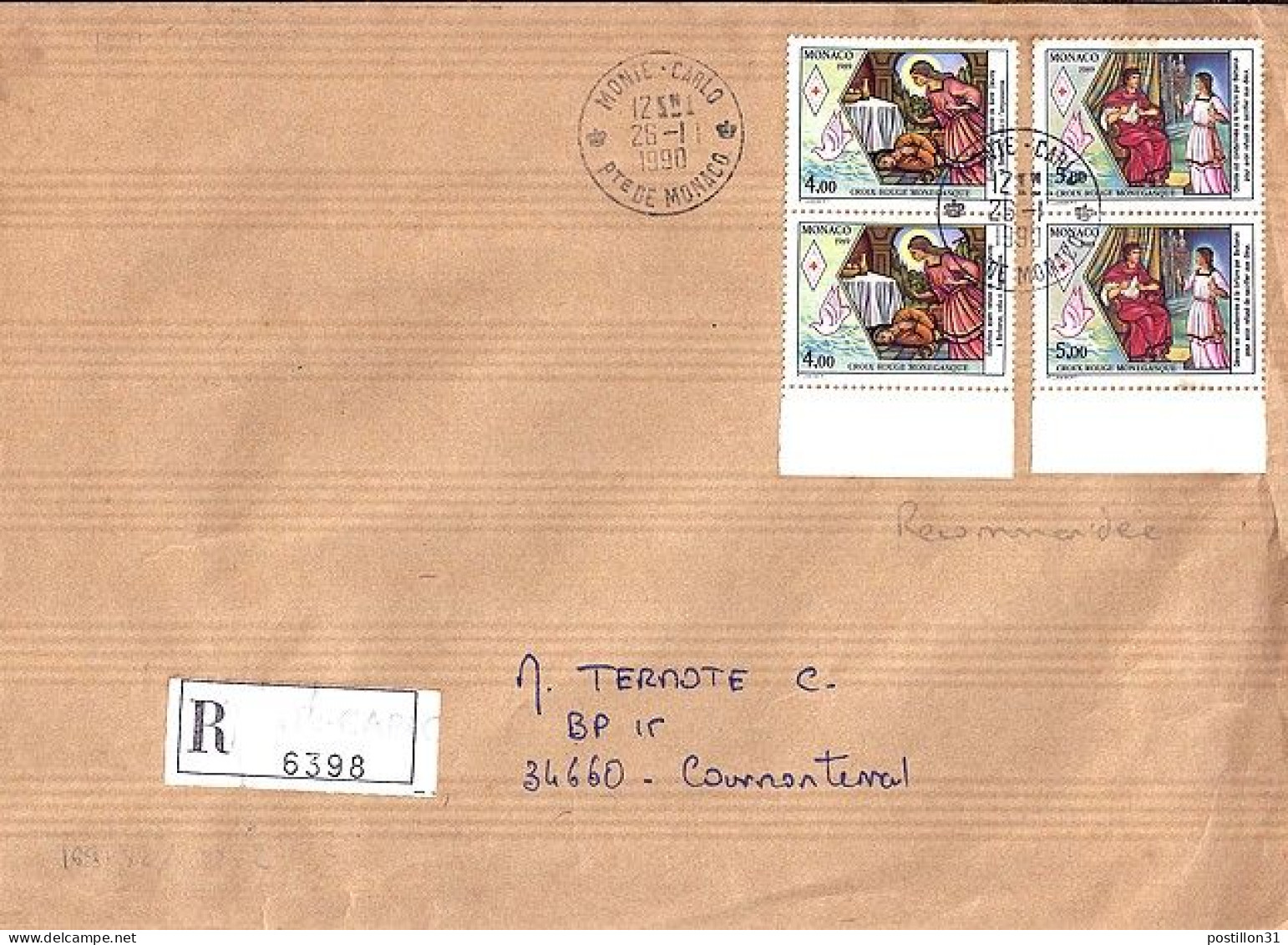 MONACO N° 1691x2/1692x2 S/L.REC. DE MONTE CARLO/26.1.90  POUR FRANCE - Lettres & Documents