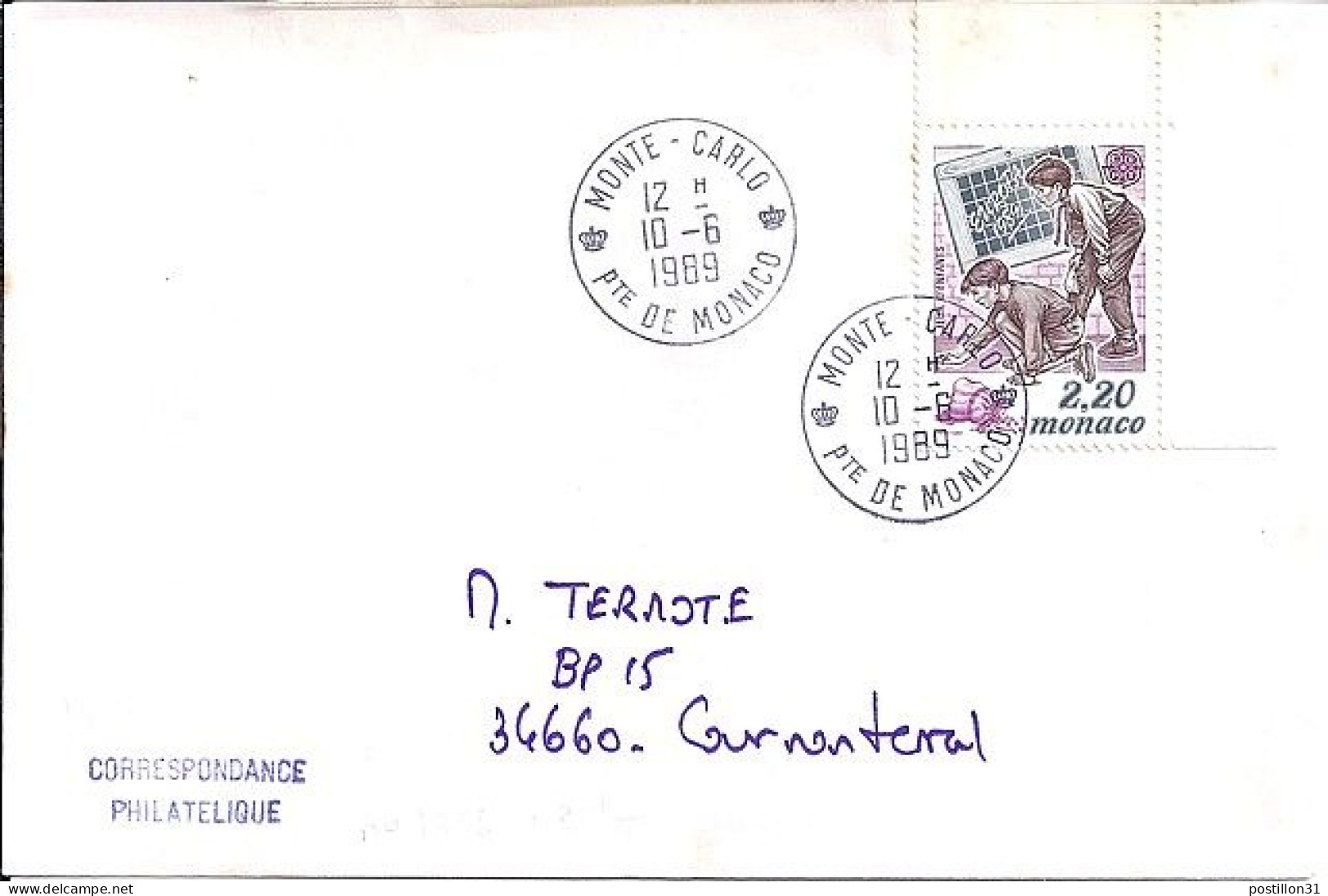 MONACO N° 1686 S/L. DE MONTE CARLO/10.6.89  POUR FRANCE - Cartas & Documentos