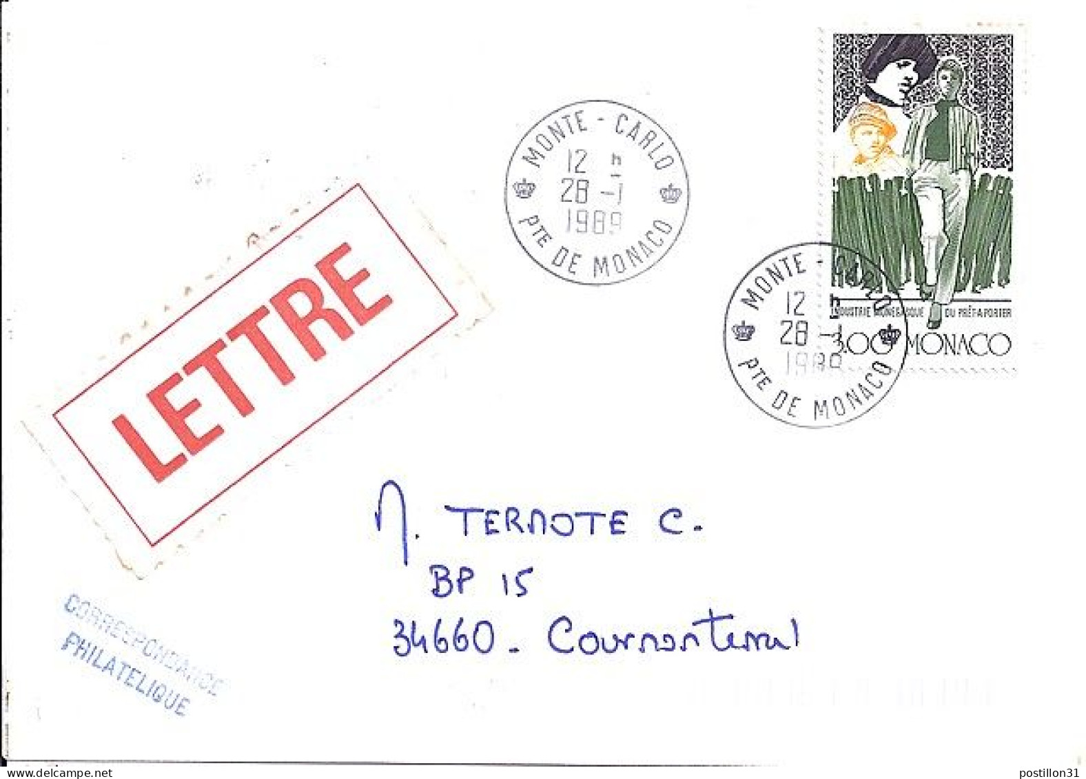 MONACO N° 1661 S/L. DE MONTE CARLO/28.1.89  POUR FRANCE - Cartas & Documentos