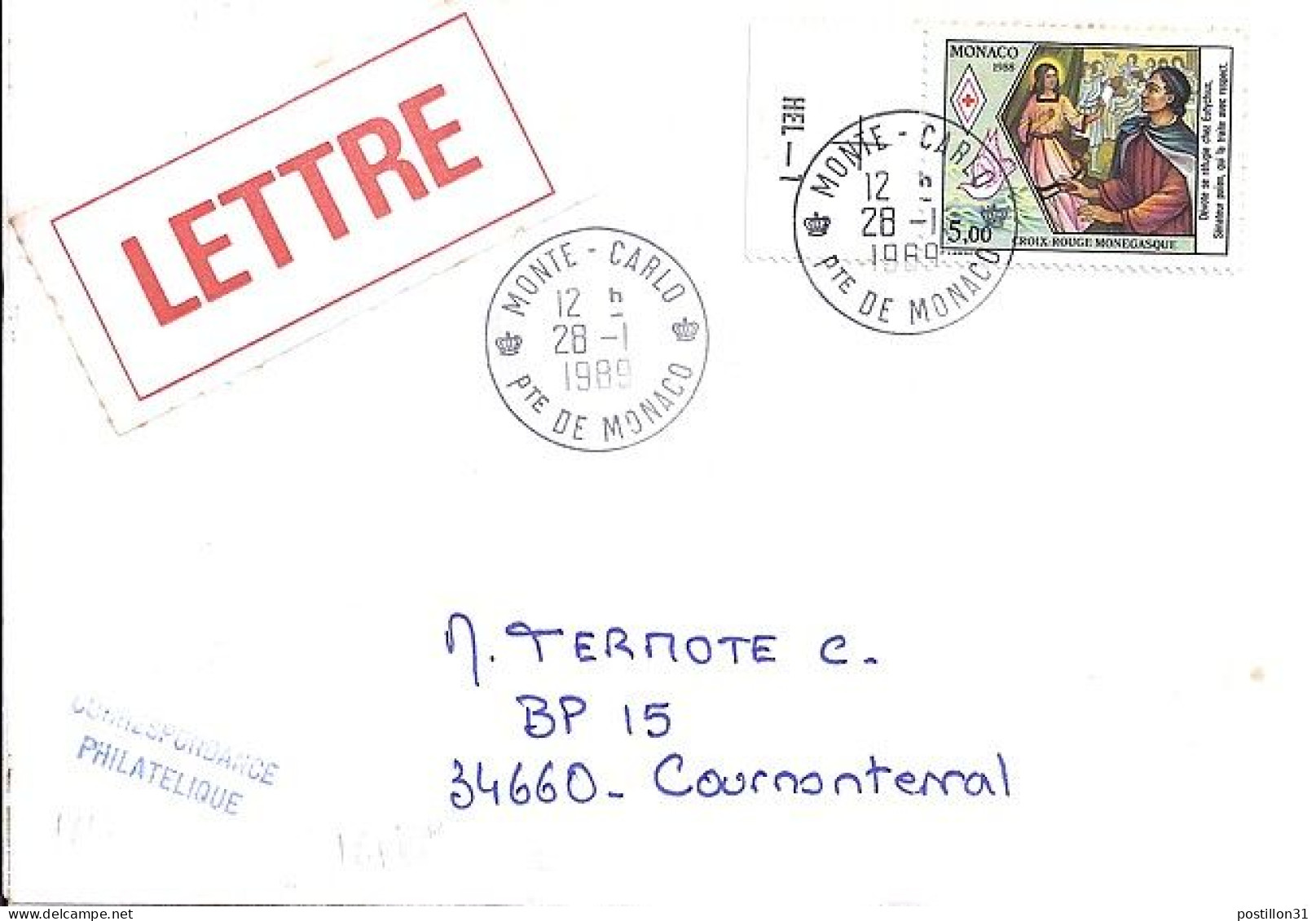 MONACO N° 1650 S/L. DE MONTE CARLO/28.1.89  POUR FRANCE - Cartas & Documentos