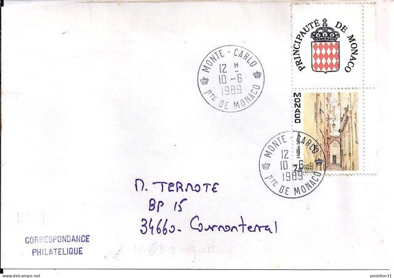 MONACO N° 1669 BdF S/L. DE MONTE CARLO/10.6.89  POUR FRANCE - Covers & Documents