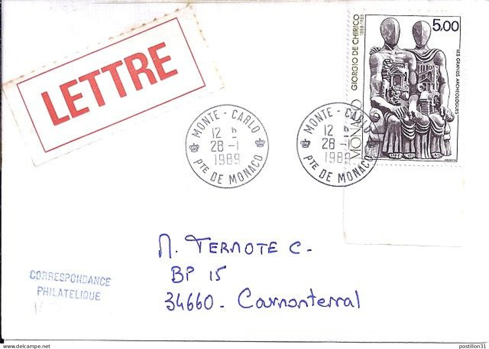 MONACO N° 1657 S/L. DE MONTE CARLO/28.1.89  POUR FRANCE - Cartas & Documentos