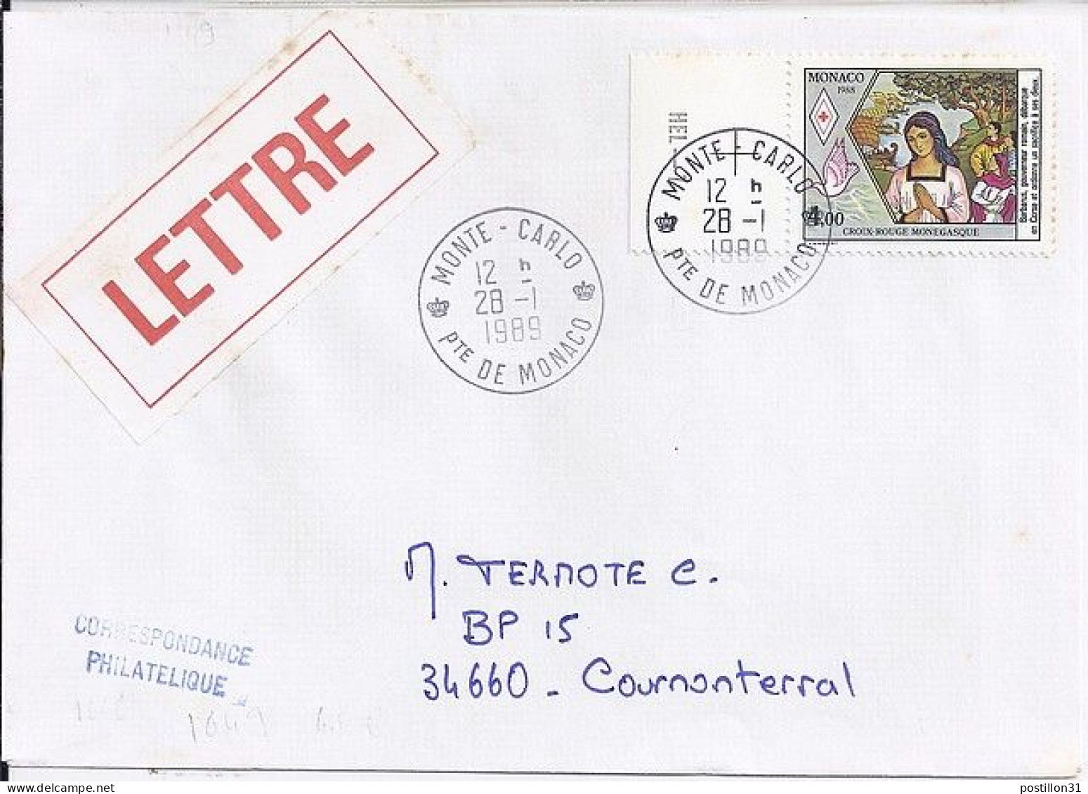 MONACO N° 1649 S/L. DE MONTE CARLO/28.1.89  POUR FRANCE - Storia Postale