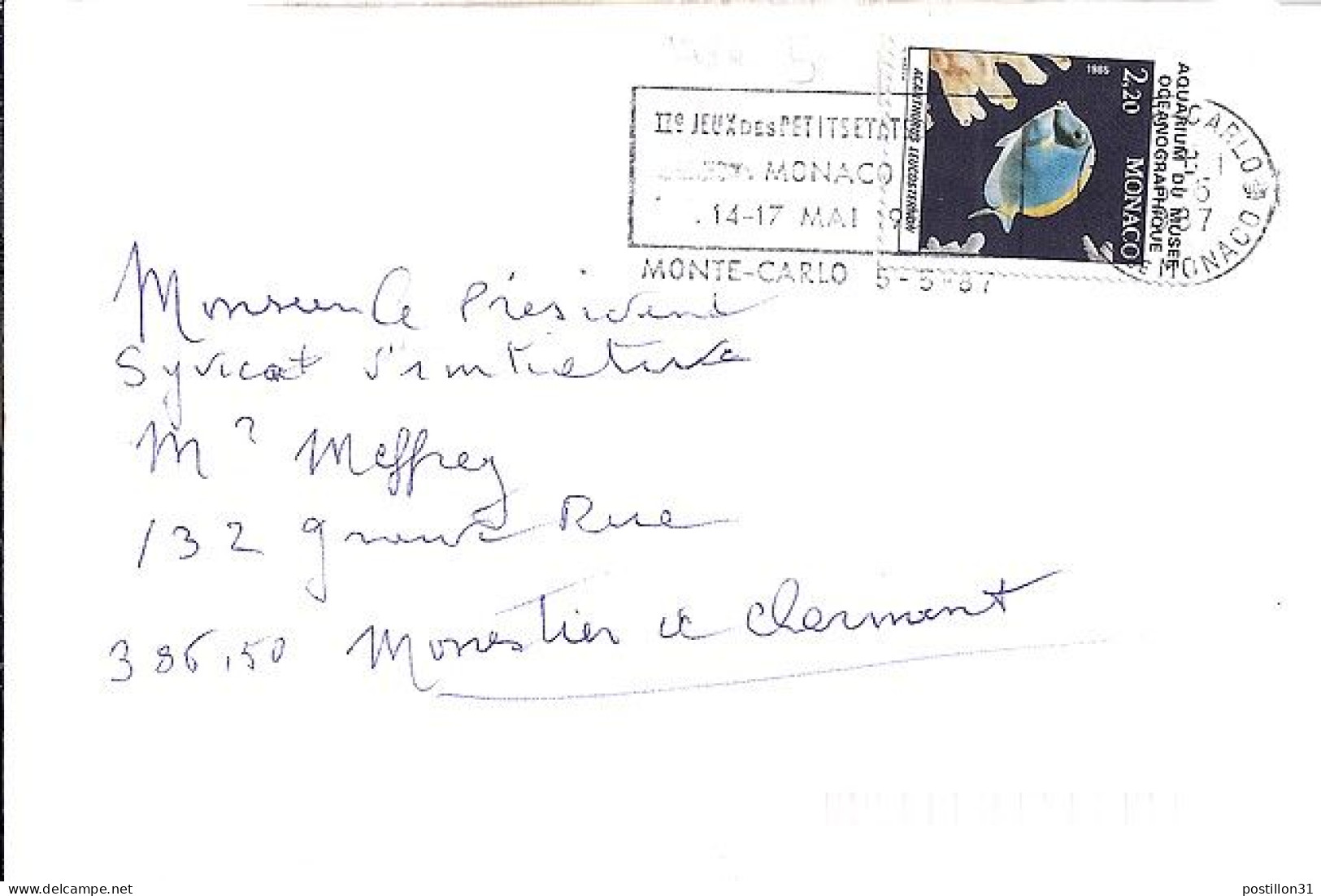 MONACO N° 1484 S/L. DE MONTE CARLO/5.5.87  POUR FRANCE - Brieven En Documenten