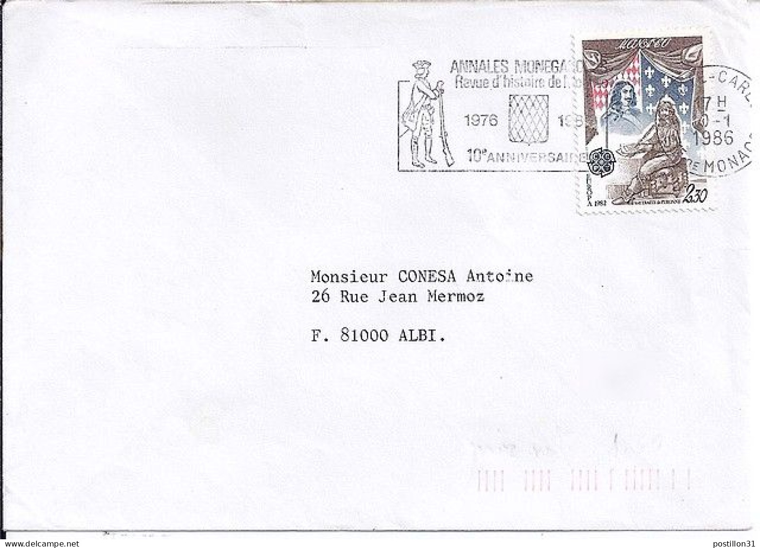 MONACO N° 1323 S/L. DE MONTE CARLO/10.1.86  POUR FRANCE - Cartas & Documentos