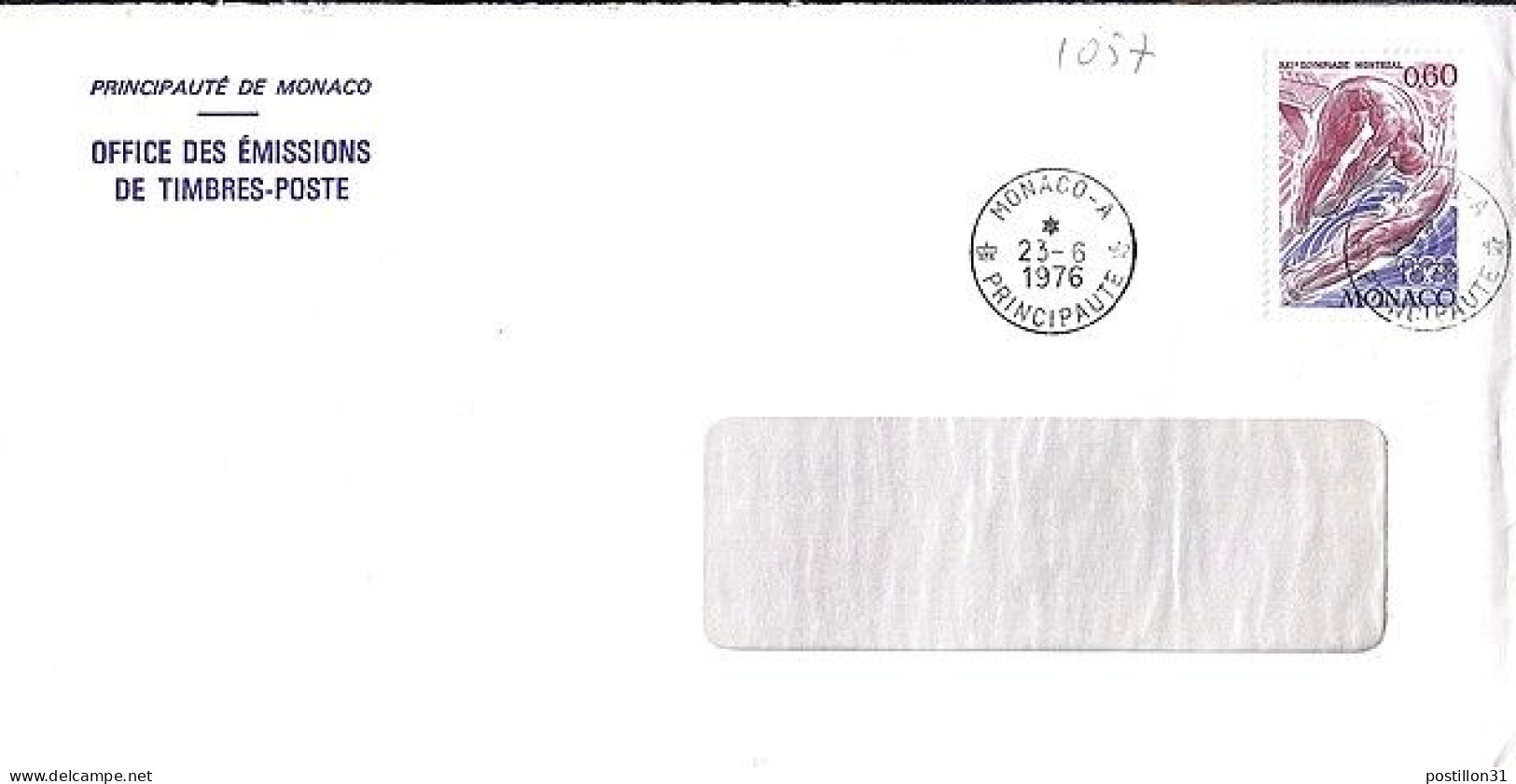 MONACO N° 1057 S/L. DE MONACO A/23.6.76  POUR FRANCE - Cartas & Documentos