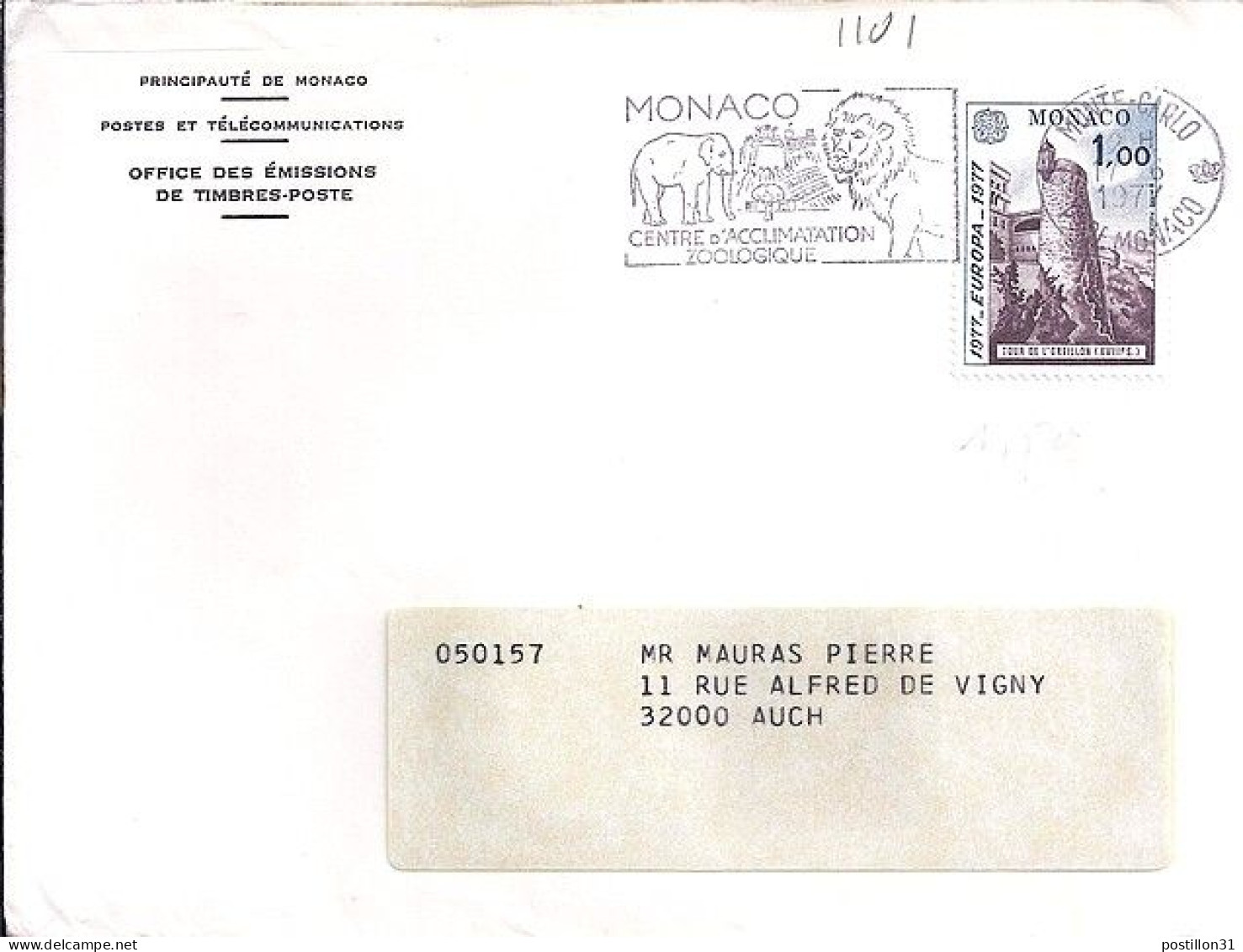 MONACO N° 1101 S/L. DE MONTE CARLO/17.6.77  POUR FRANCE - Cartas & Documentos