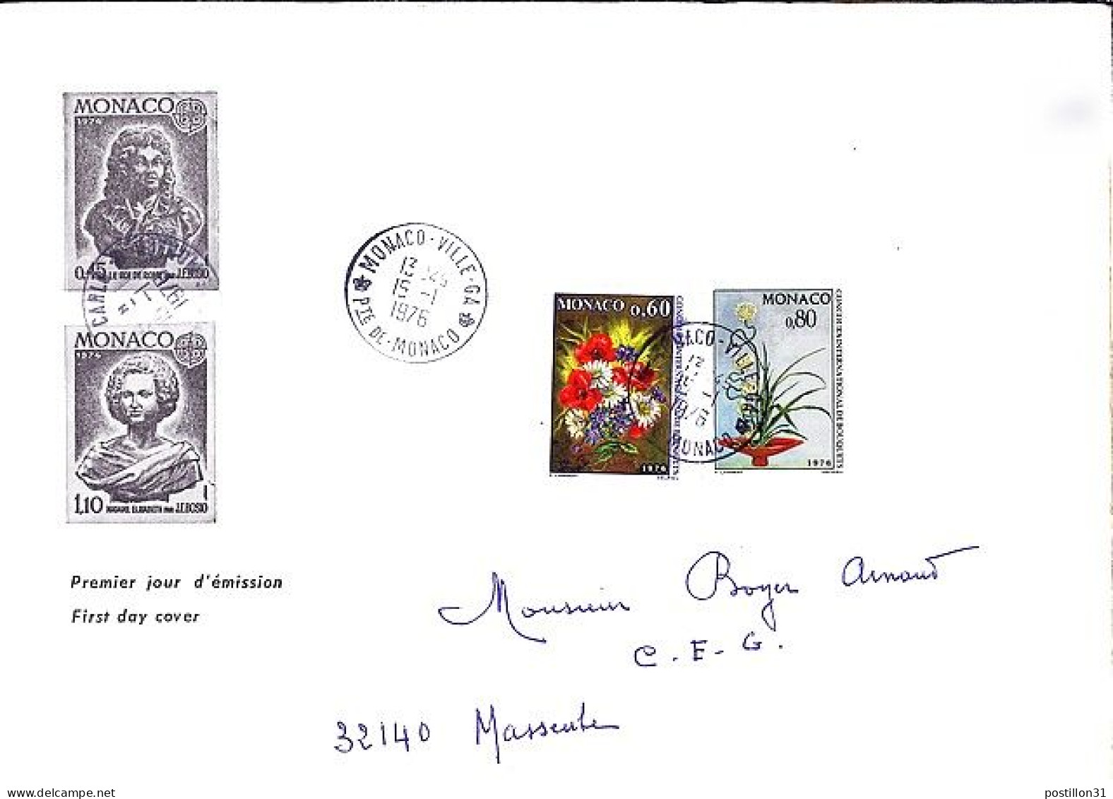 MONACO N° 1035/1036 S/DEVANT De L. DE MONACO VILLE GA/15.1.76  POUR FRANCE - Cartas & Documentos