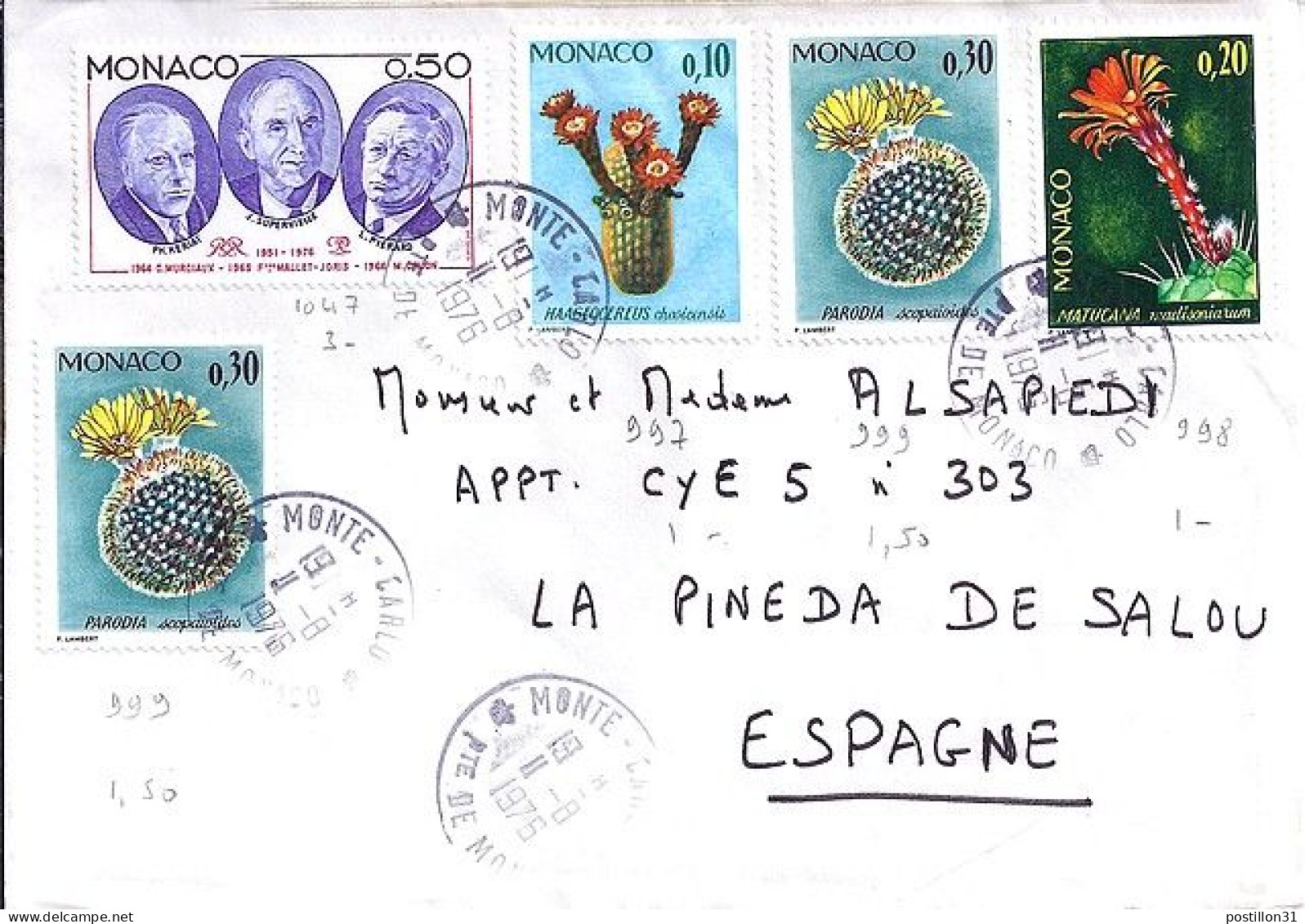MONACO N° 997/998/999x2/1047 S/L.DE MONTE CARLO/11.8.76  POUR ESPAGNE - Cartas & Documentos