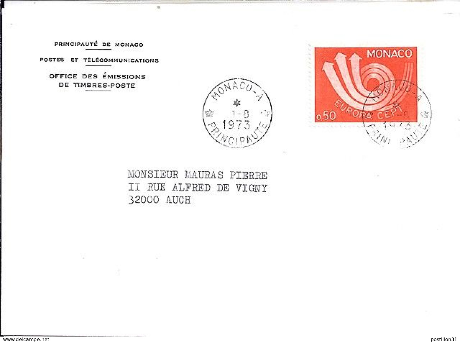 MONACO N° 917 S/L. DE MONACO A/1.8.73  POUR FRANCE - Covers & Documents