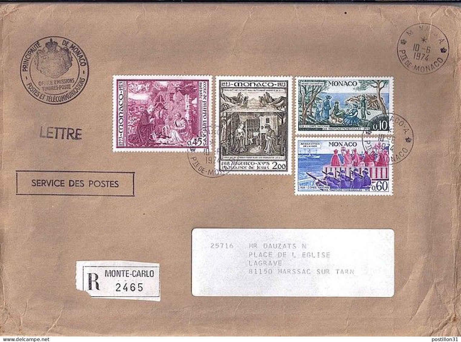 MONACO N° 935/938/939/944 S/L.REC. DE MONACO A/10.6.74  POUR FRANCE - Lettres & Documents