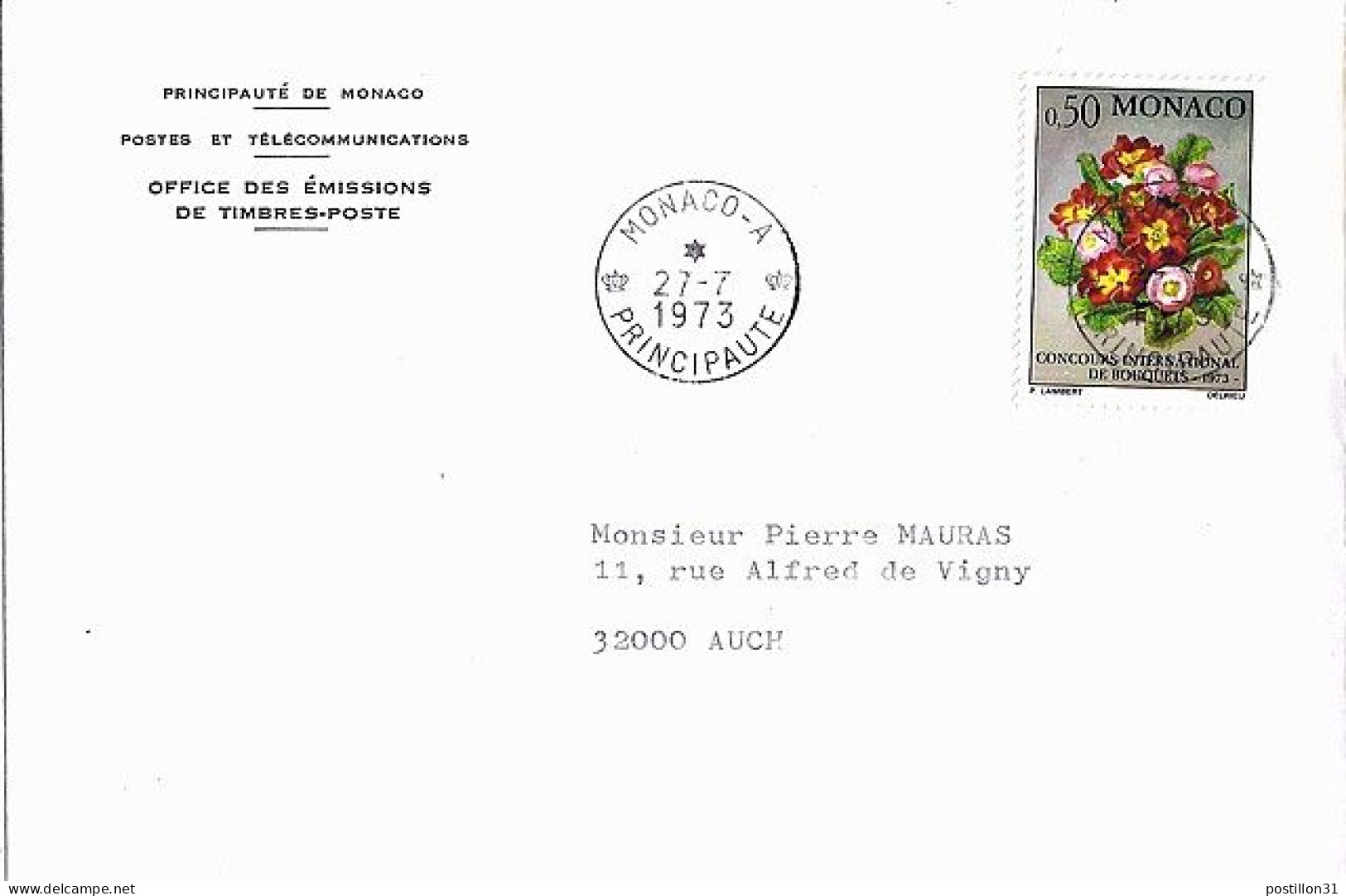 MONACO N° 898 S/L. DE MONACO A/27.7.73  POUR FRANCE - Cartas & Documentos