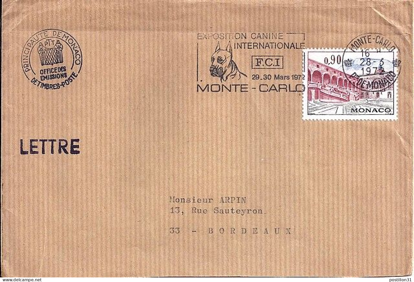 MONACO N° 848 S/L. DE MONTE CARLO/28.6.72  POUR FRANCE - Cartas & Documentos