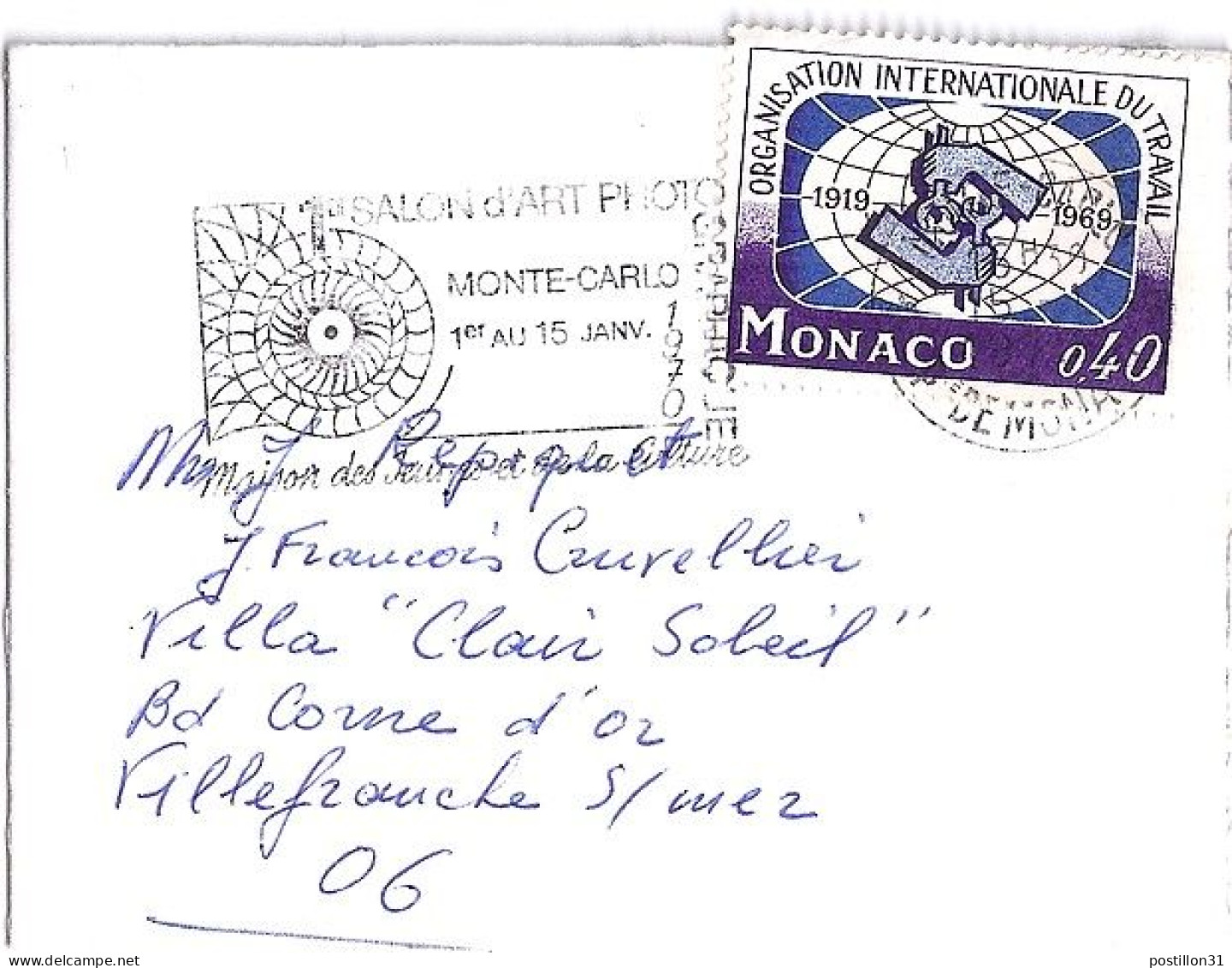 MONACO N° 806 S/L. DE MONTE CARLO/15.1.70  POUR FRANCE - Covers & Documents