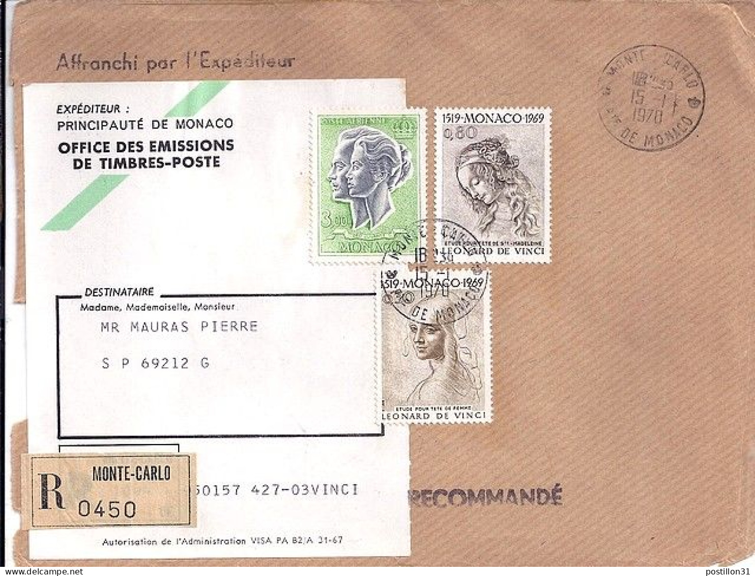 MONACO N° 799/802/PA88A S/DEVANT De L.REC.DE MONTE CARLO/15.1.70  POUR FRANCE - Covers & Documents