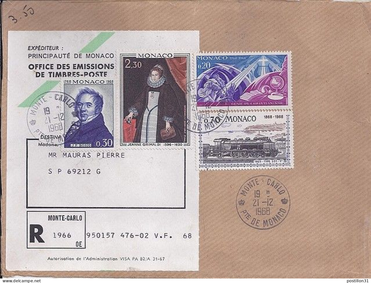 MONACO N° 766/771/759/755 S/DEVANT De L.REC.DE MONTE CARLO/21.12.68  POUR FRANCE - Storia Postale