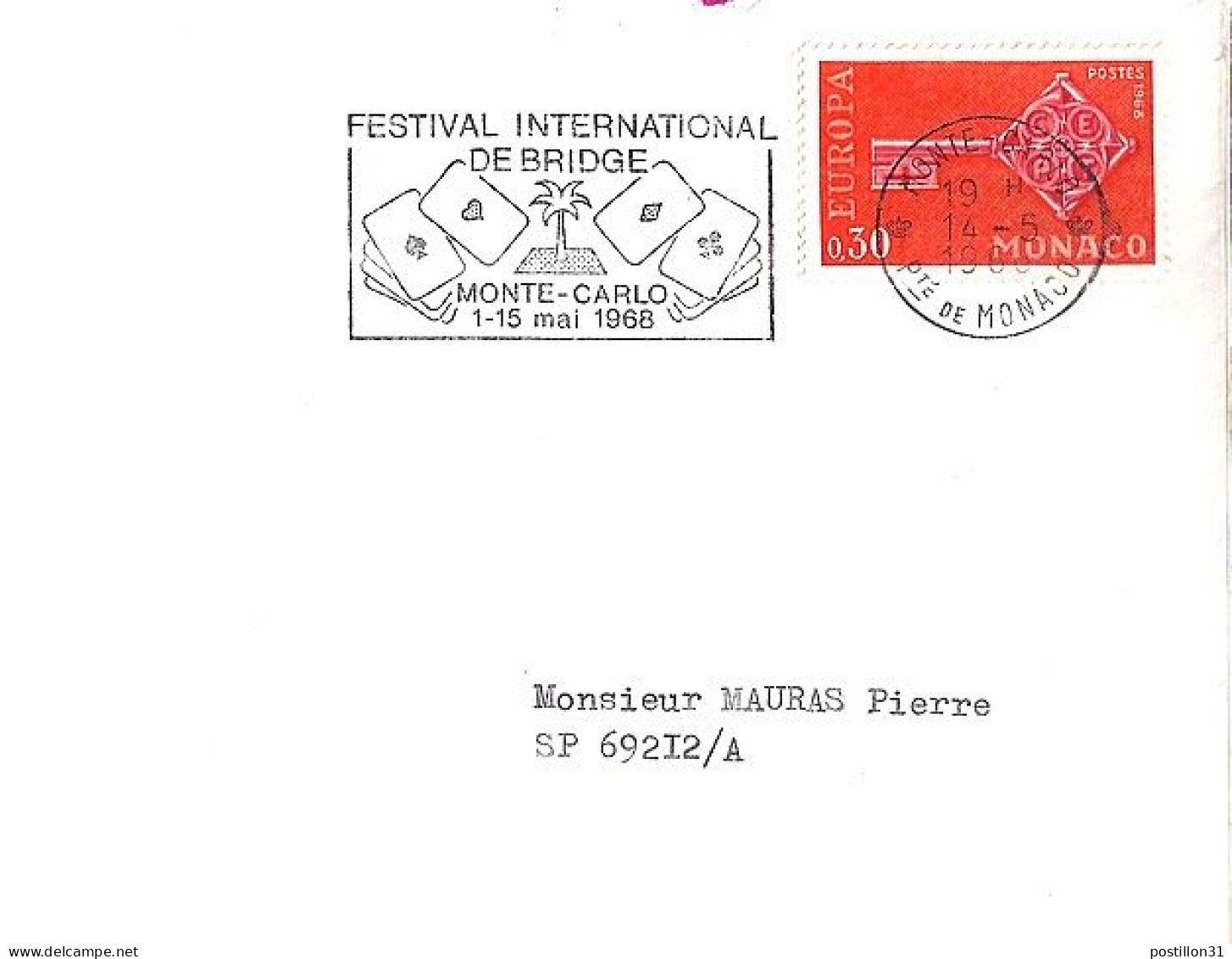 MONACO N° 749 S/L.DE MONTE CARLO/1968  POUR FRANCE - Cartas & Documentos